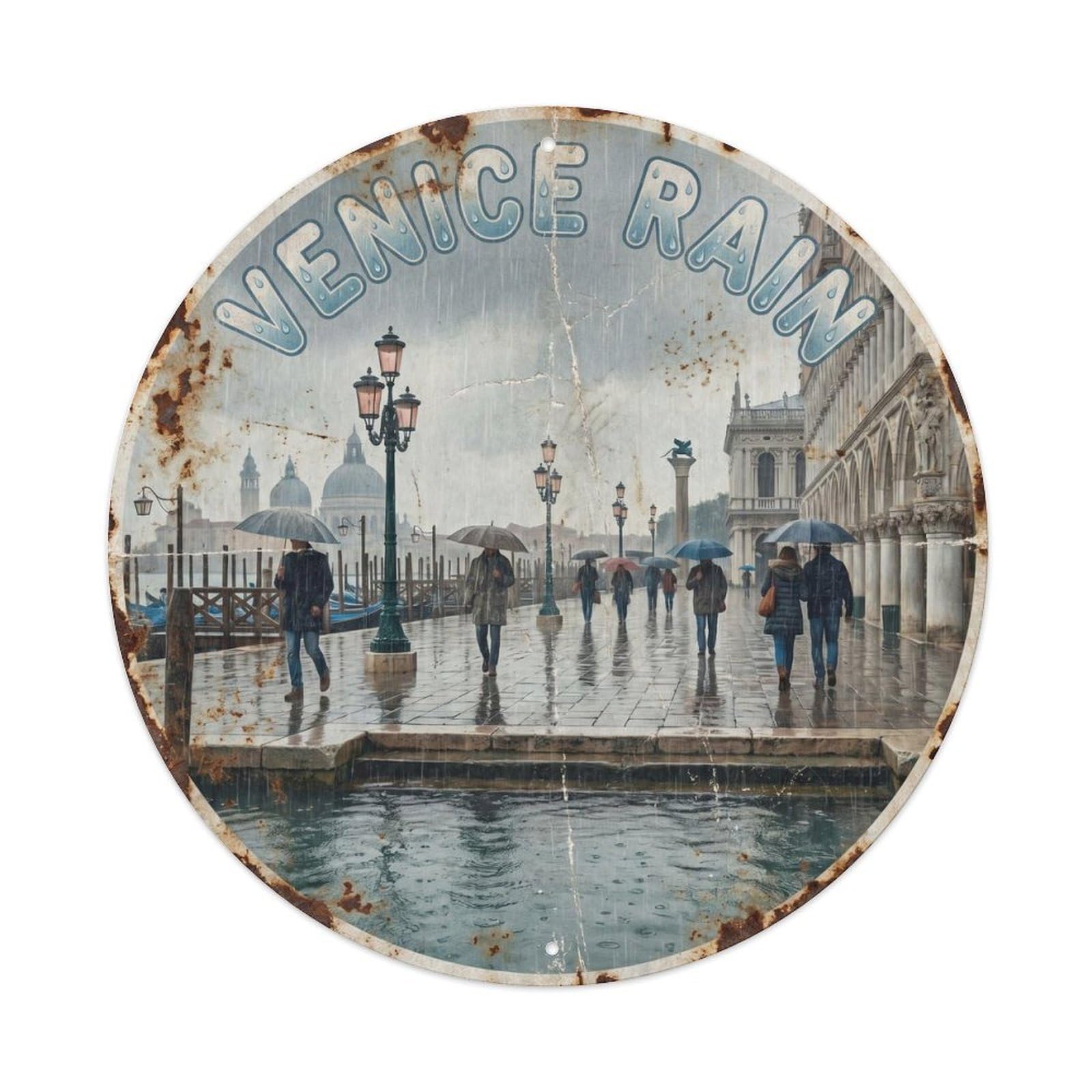 European Venice Waterway Gondola Canal Historic Nostalgic Metal Tin Sign Plaque Wall Decor for Cafe, Man Cave, Club Bar, Office, Home Garden Round Metal Poster 8x8Inch