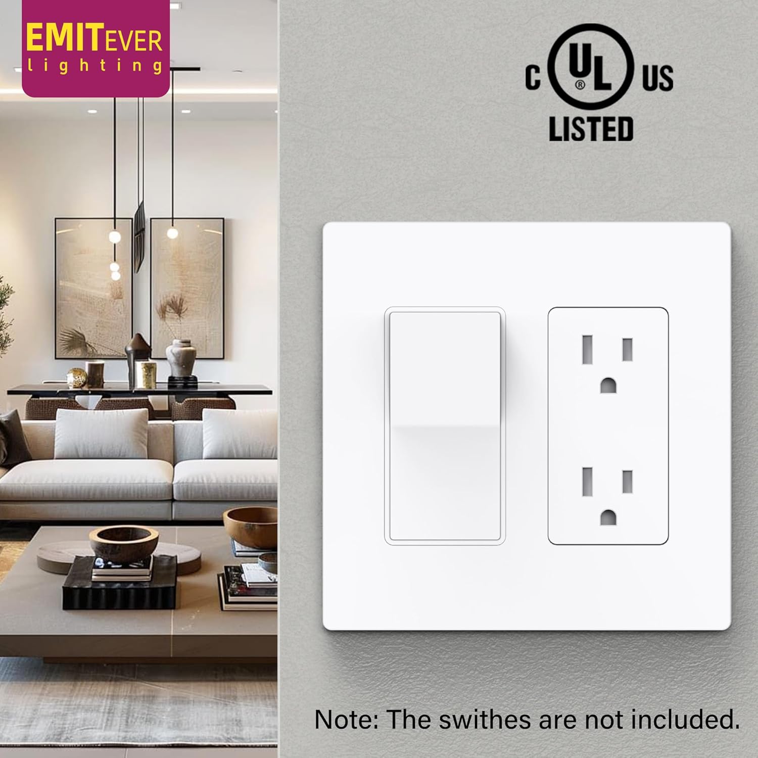 EMITEVER 2-Gang Screwless Decorator Wall Plate Cover for Receptacle Outlet & Light Switch, Standard Size 4.53"H x 4.53"W, Unbreakable Thermoplastic Faceplate, UL Listed, Matte White 1-Pack