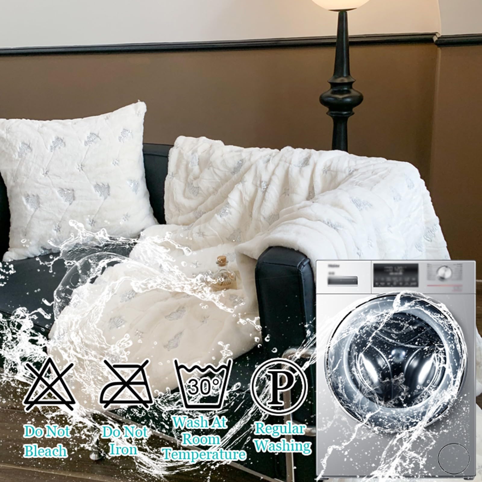 Manta NavideñA TamañO King Blanca, Mantas de Piel SintéTica de Conejo Borroso de Felpa Suave - Almohada Decorativa para Sofá SillóN Sala de Estar Cama(A+Pillow*2/39 * 59")