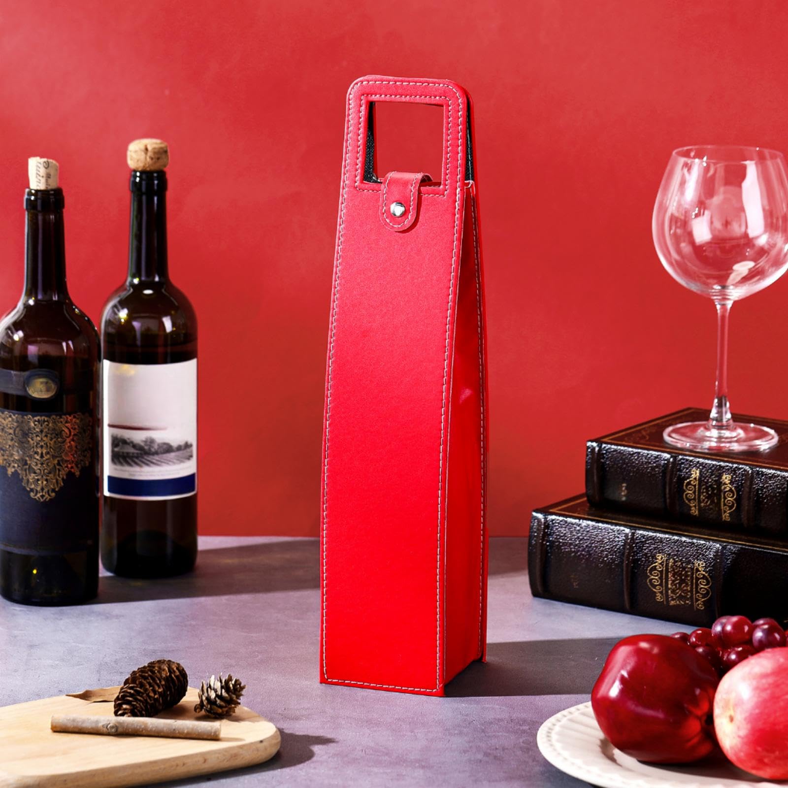 FillTouch Wein-Geschenktüten, Leder, Wein-Tragetaschen, für einzelne Flasche, Champagner, Bier, Geschenktüten für Weihnachten, Hochzeit, Geburtstag, Party, Rot, klassischer Stil, 10 Stück