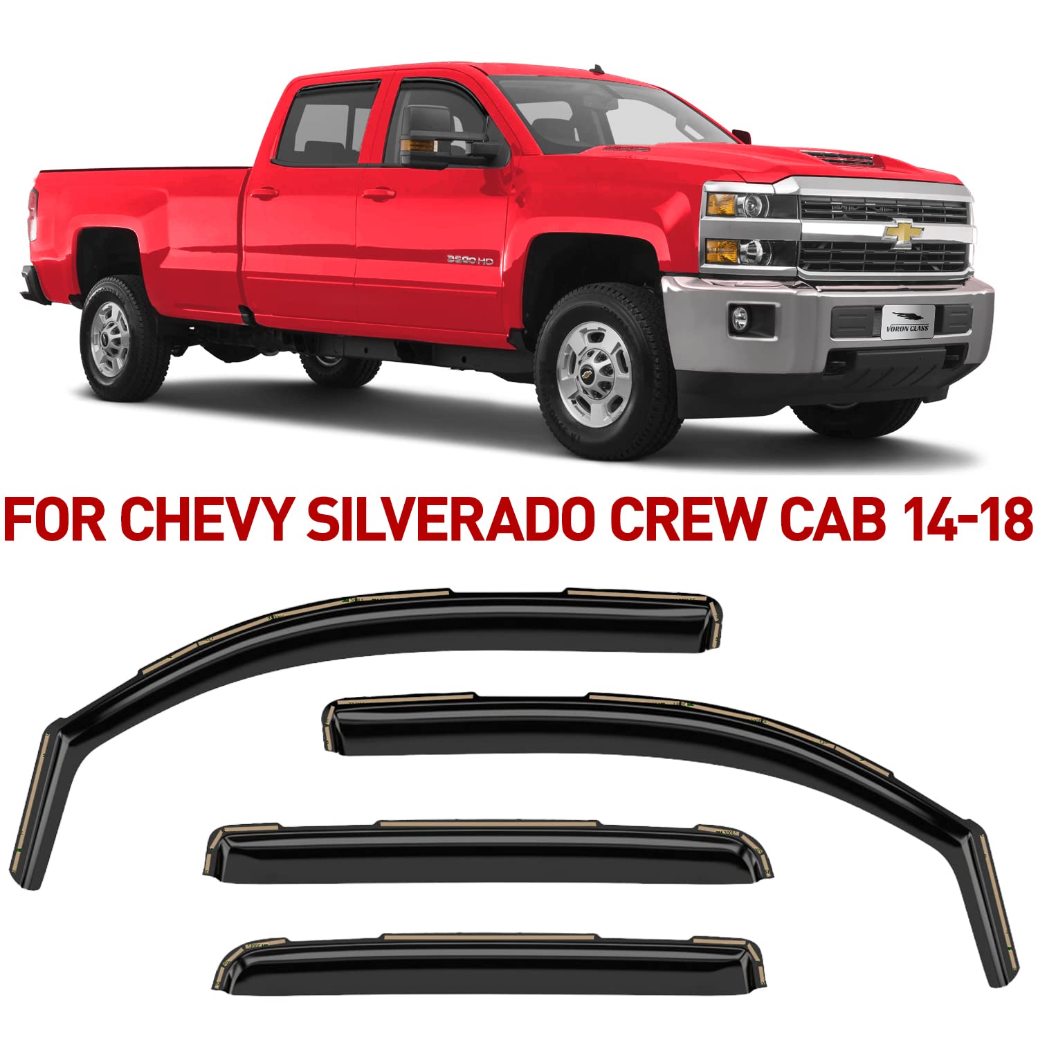Voron Glass in-Channel Extra Durable Rain Guards for Trucks Chevrolet (Chevy) Silverado/GMC Sierra 2014-2018 Crew Cab, Window Deflectors, Vent Window Visors, 4 Pieces - 220009
