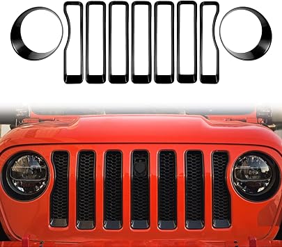 Black Front Headlight Circle Insert Cover Trim Mesh Grille Inserts Cover Trim Kit Frame Trim Compatible With Wrangler JL Gladiator 2018-2019