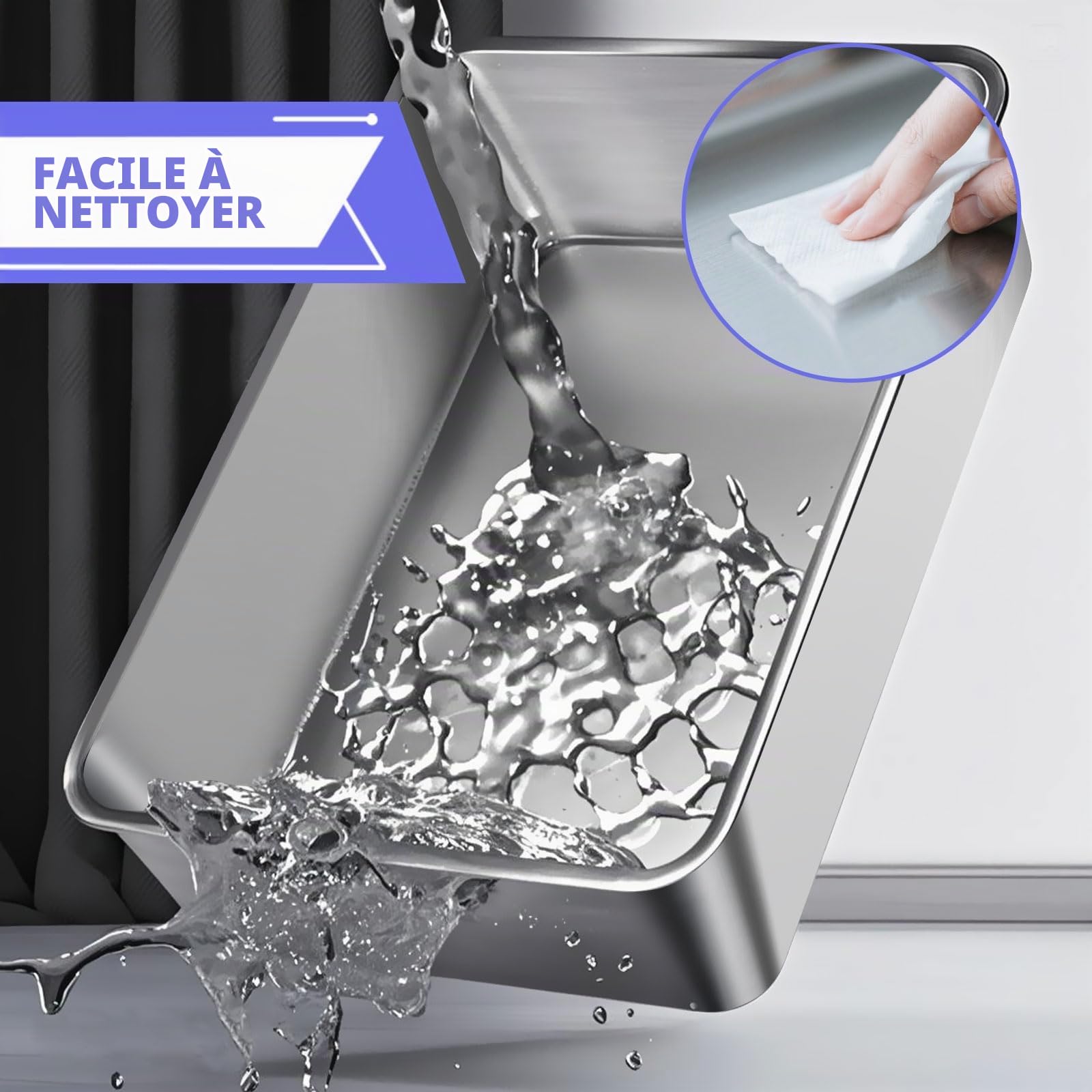 Bac à Litière en Acier Inoxydable, Masthome Grande Capacité, Anti-Renversement et Étanche, Litière Semi-fermée pour Chat avec Pelle et Tapis Inclus Design Moderne et Facile à Nettoyer