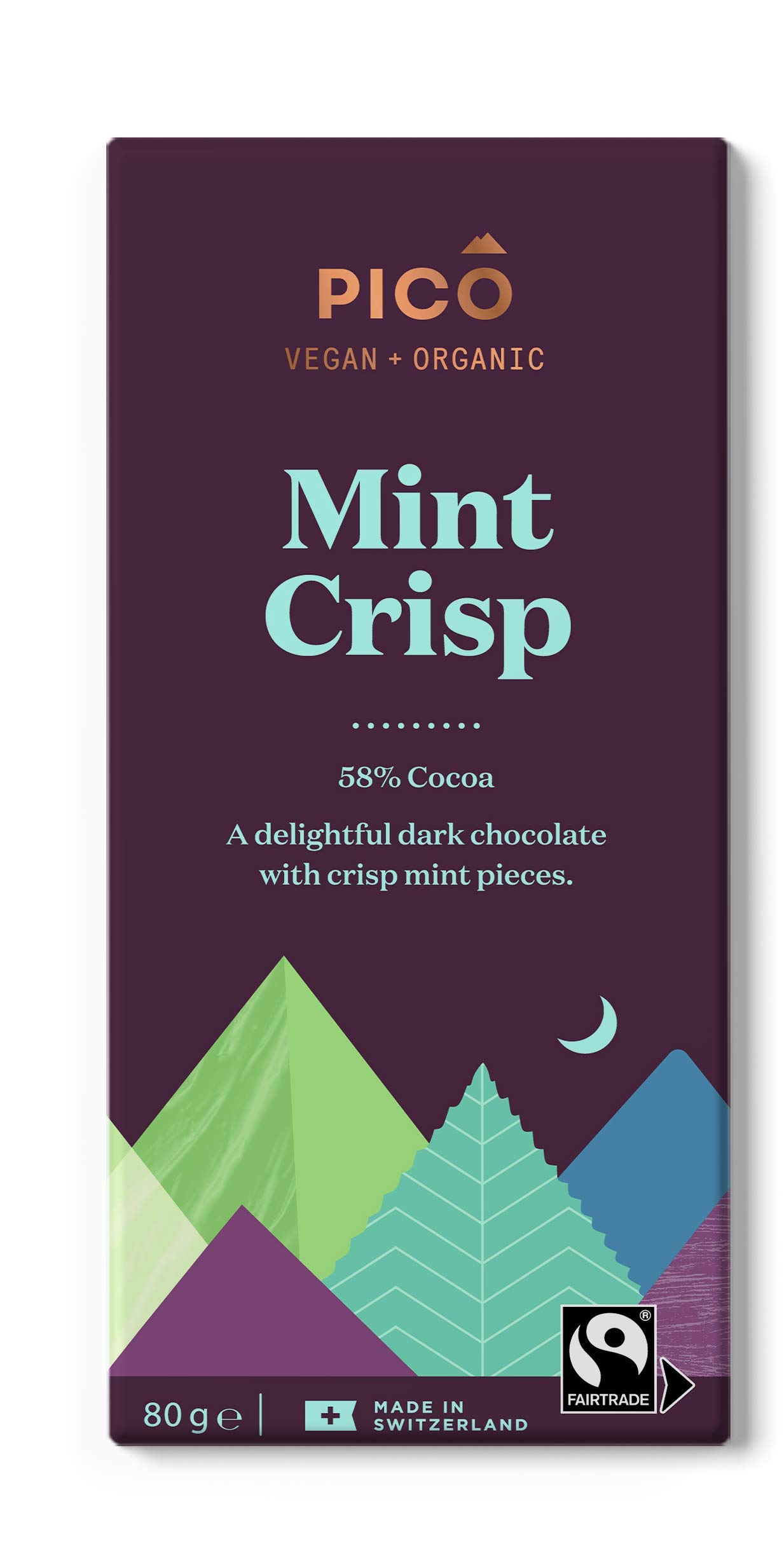 Pico Chocolate - Mint Crisp and Dark Chocolate Vegan Bars made with Natural Ingredients,Organic Handcrafted Swiss Mint Chocolate - 1 x 80g