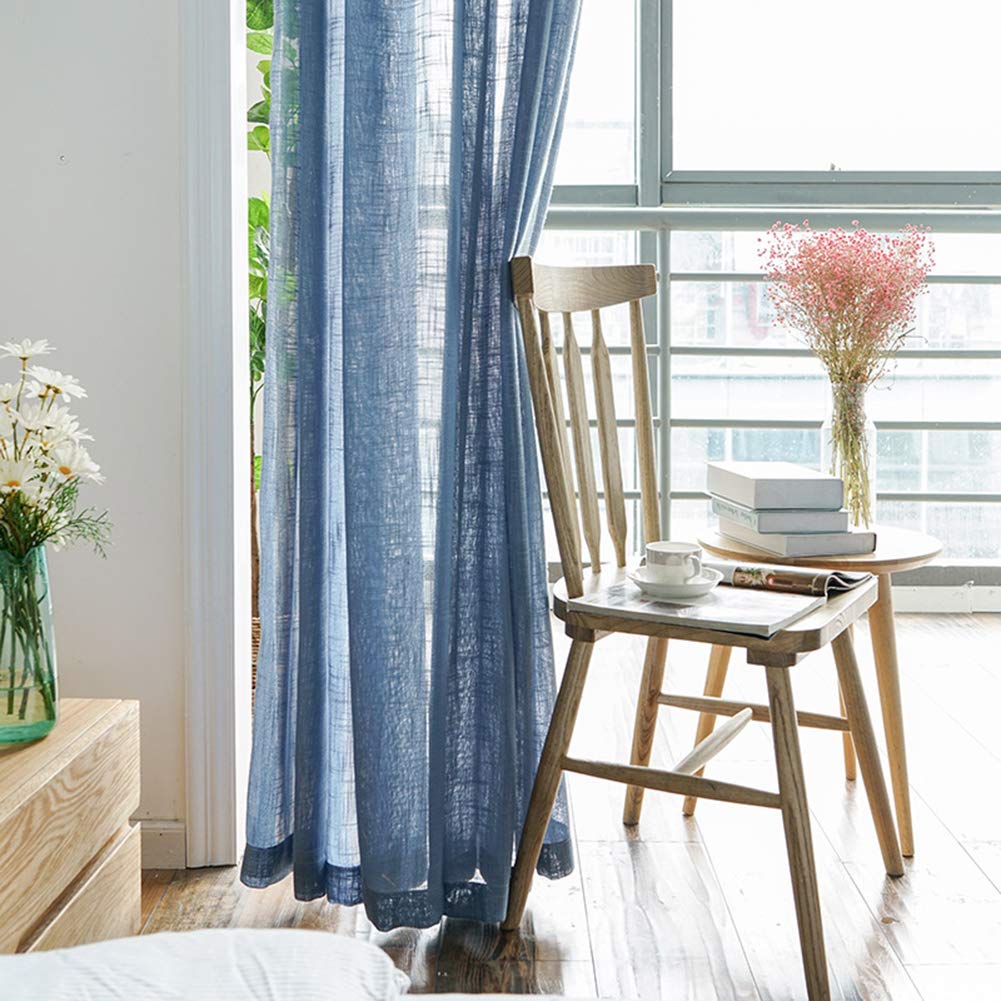 Couleur Unie Rideaux Voilage Lin Bleu Rideaux Voile Crayon Plissé 2 Panneaux Pour Salon Balcon Chambre À Coucher,Bleu,W135xL244cm