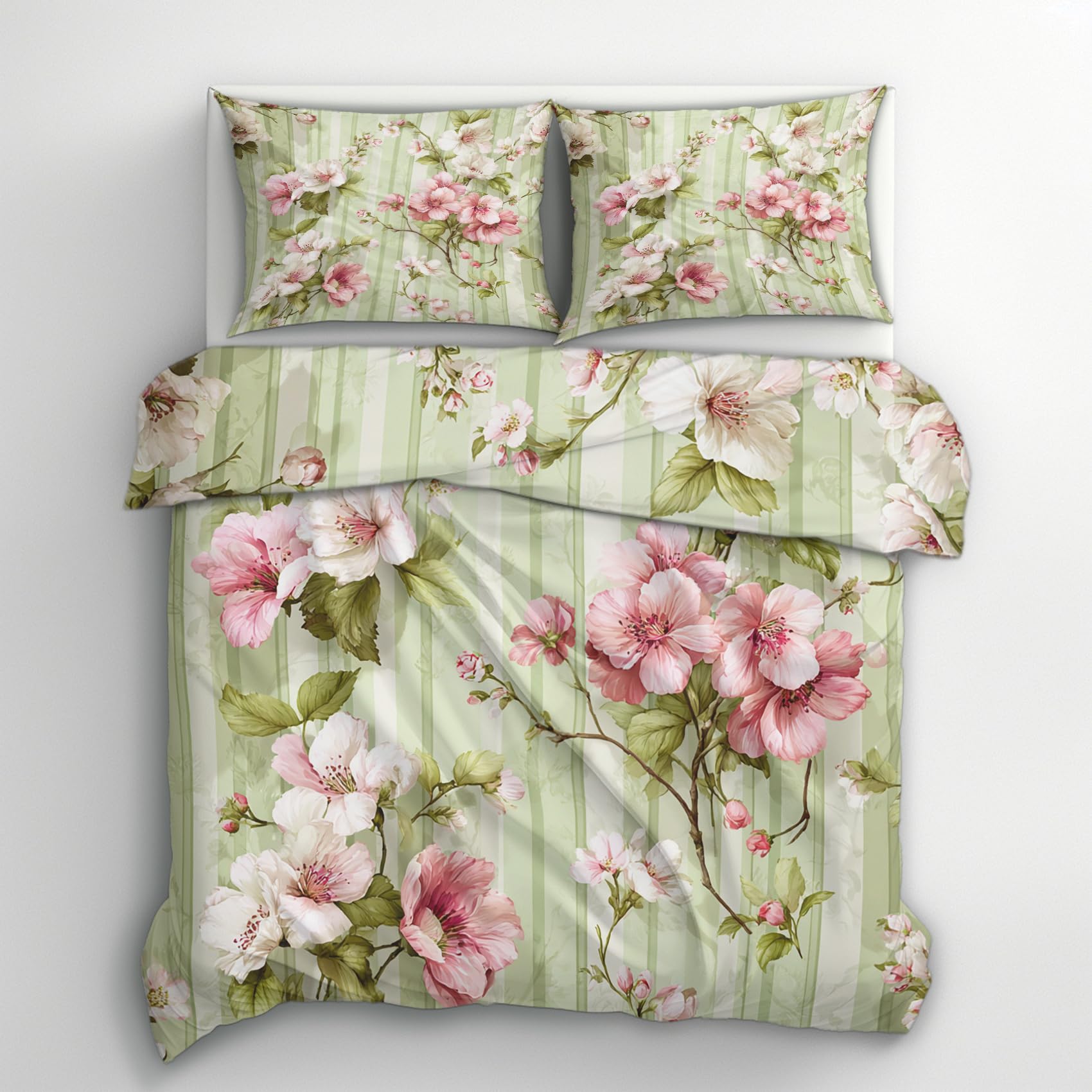 Generisch Landhausstil Bettwäsche 135x200 2er Set Deckenbezug, Geschenk | Vintage Grün Rosa Blumen Muster, Bettbezug Set, Bügelfreie, Reißverschluss, Kissenbezug, Wendebettwäsche Landhausstil Deko