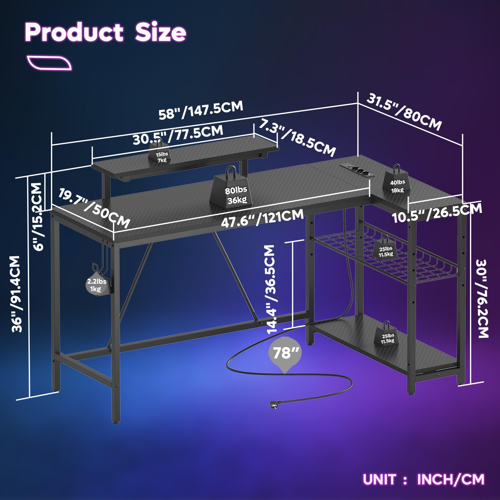 Bestier 147CM L Shaped Gaming Desk con luci LED e prese di corrente, scrivania ad angolo reversibile per l'ufficio domestico con ripiani, postazione PC più grande con ganci per lo studio, Nero