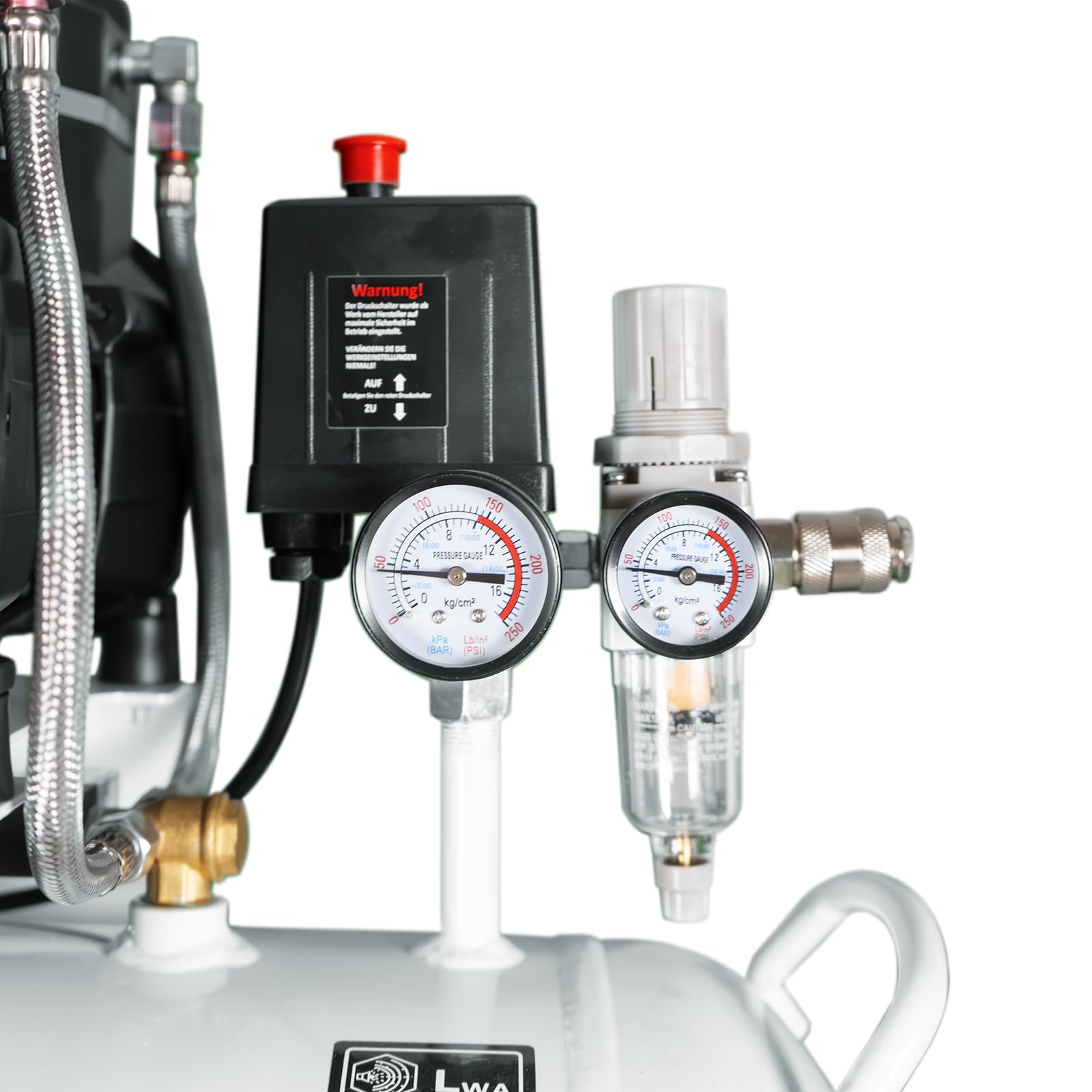 KnappWulf Compresor susurro, 10 bar, caldera de 100 L, 230 V, 3300 W, 754 L/min, sin aceite, incluye separador de agua, regulador de presión, válvula de descarga de agua de condensación, compresor de