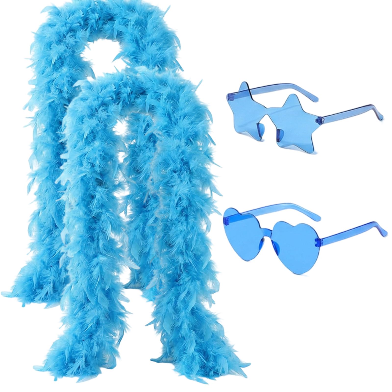 4 Pcs blue feather boa, feather boas multipack with Heart and Star Glasses