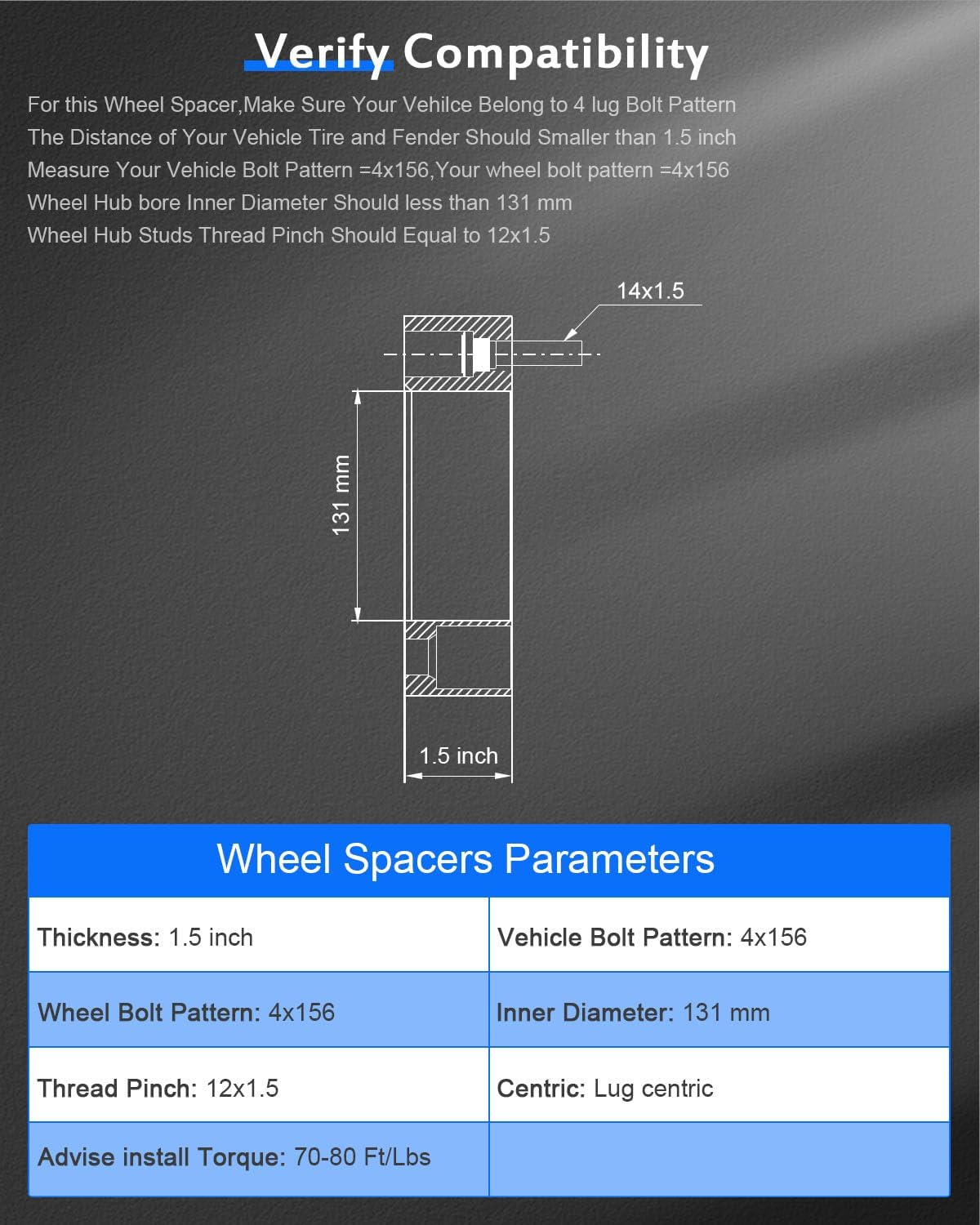 ECCPP 4x156 to 4x156 Wheel Spacer 1.5inch 4 lug Wheel Adapter 12x1.5 fit for Polaris Ranger for Polaris RZR XP 1000 for Polaris RZR