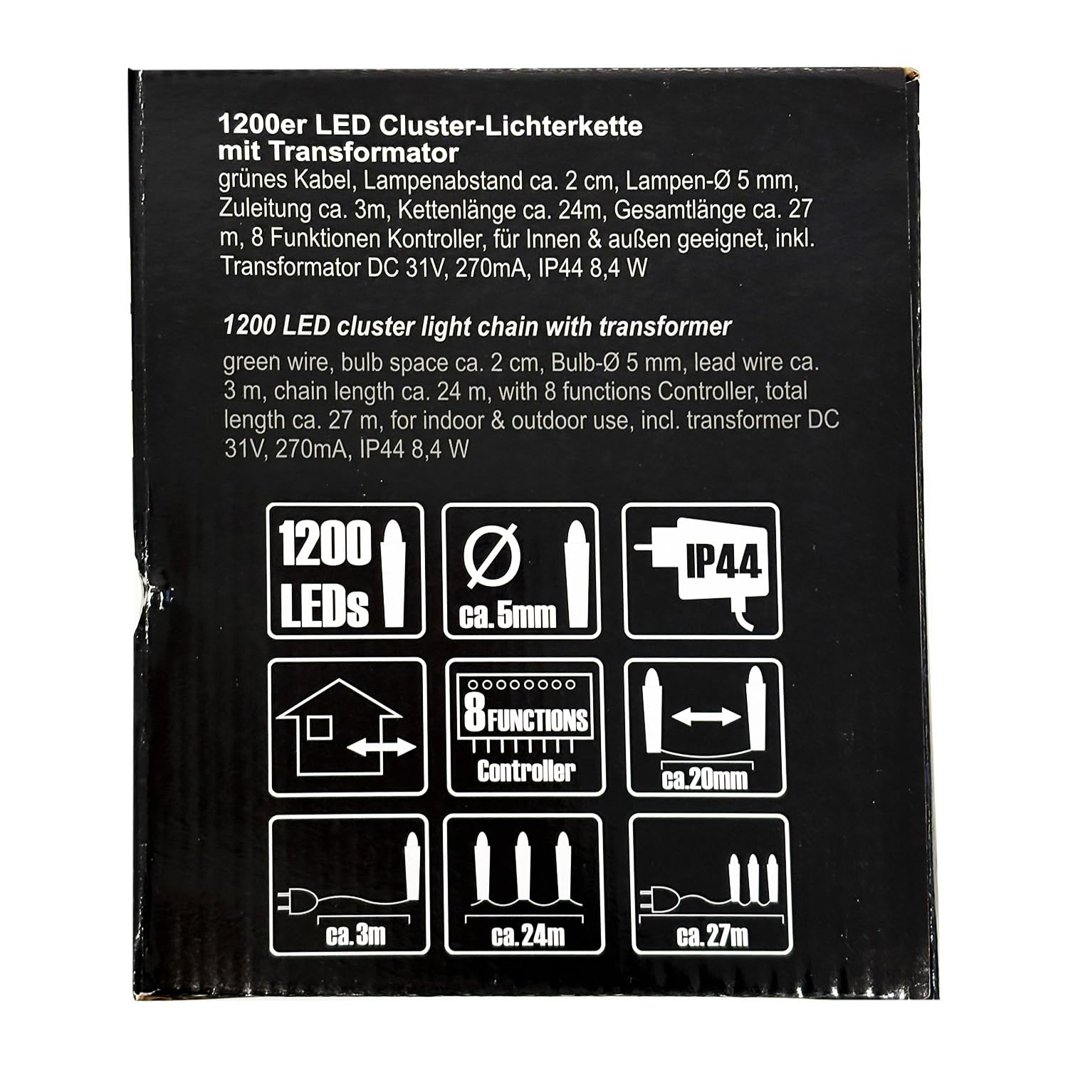 1200er Cluster-Lichterkette LEDs Trafo warmweiß Kabel Dunkelgrün Innen und Außen