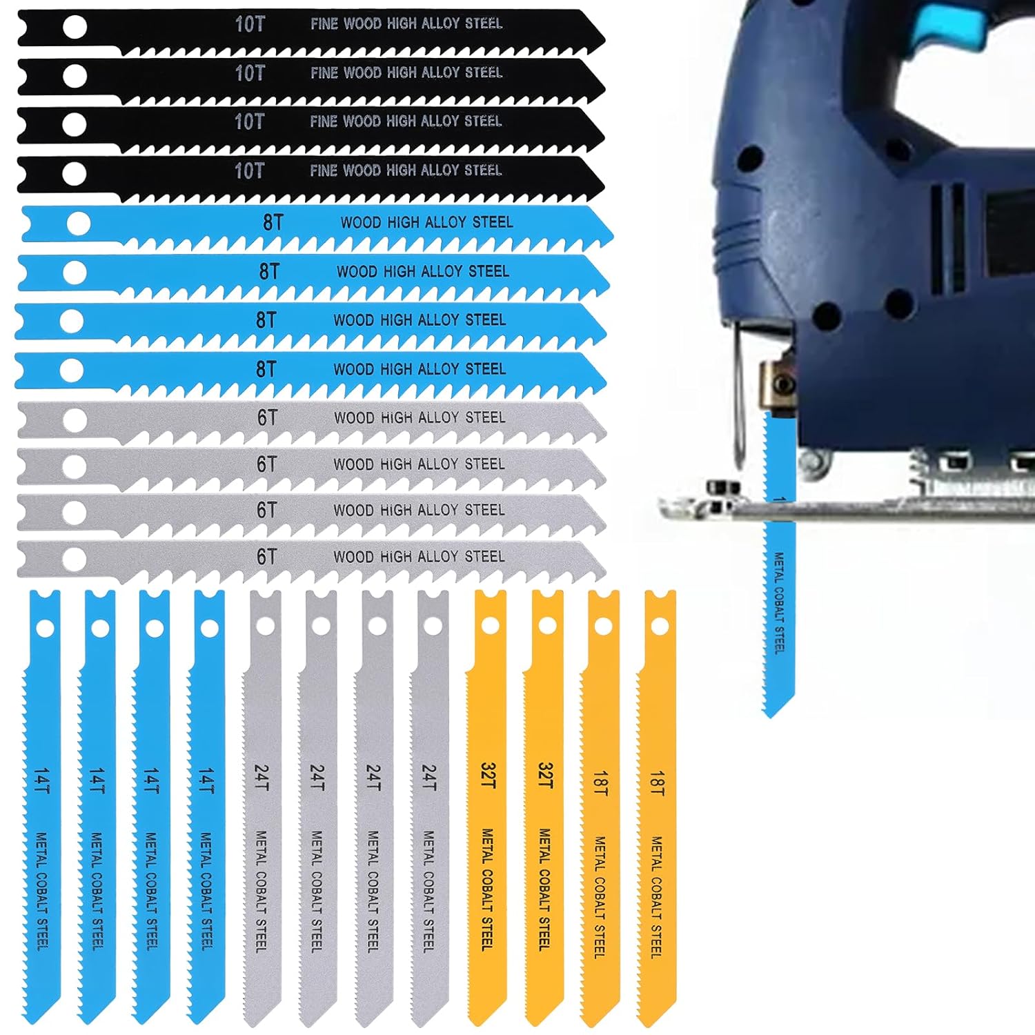 Hariendny 28 PCS U-Shank Jig Saw Blade Set, 6T-32T, Carbon Steel, Compatible with Most Jigsaws, Cuts Wood, Plastic, Metal