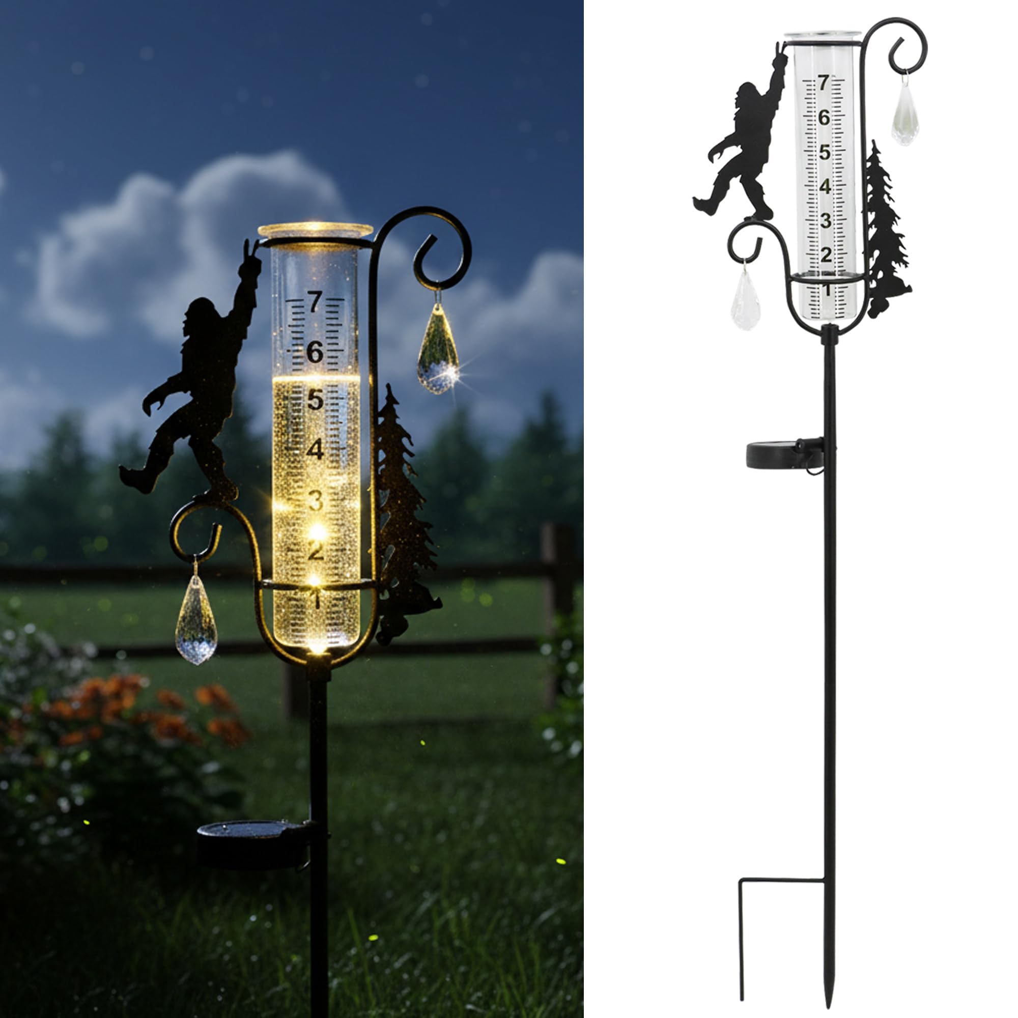 Regenmesser für den Außenbereich, Metall, schwarz, Sasquatch-Solar-Lichtpfahl mit Regenmessern, dekorativ, Garten, Rasen, Hof, Dekoration, 17,8 cm Glasrohr, Geschenke für Wetterbegeisterte