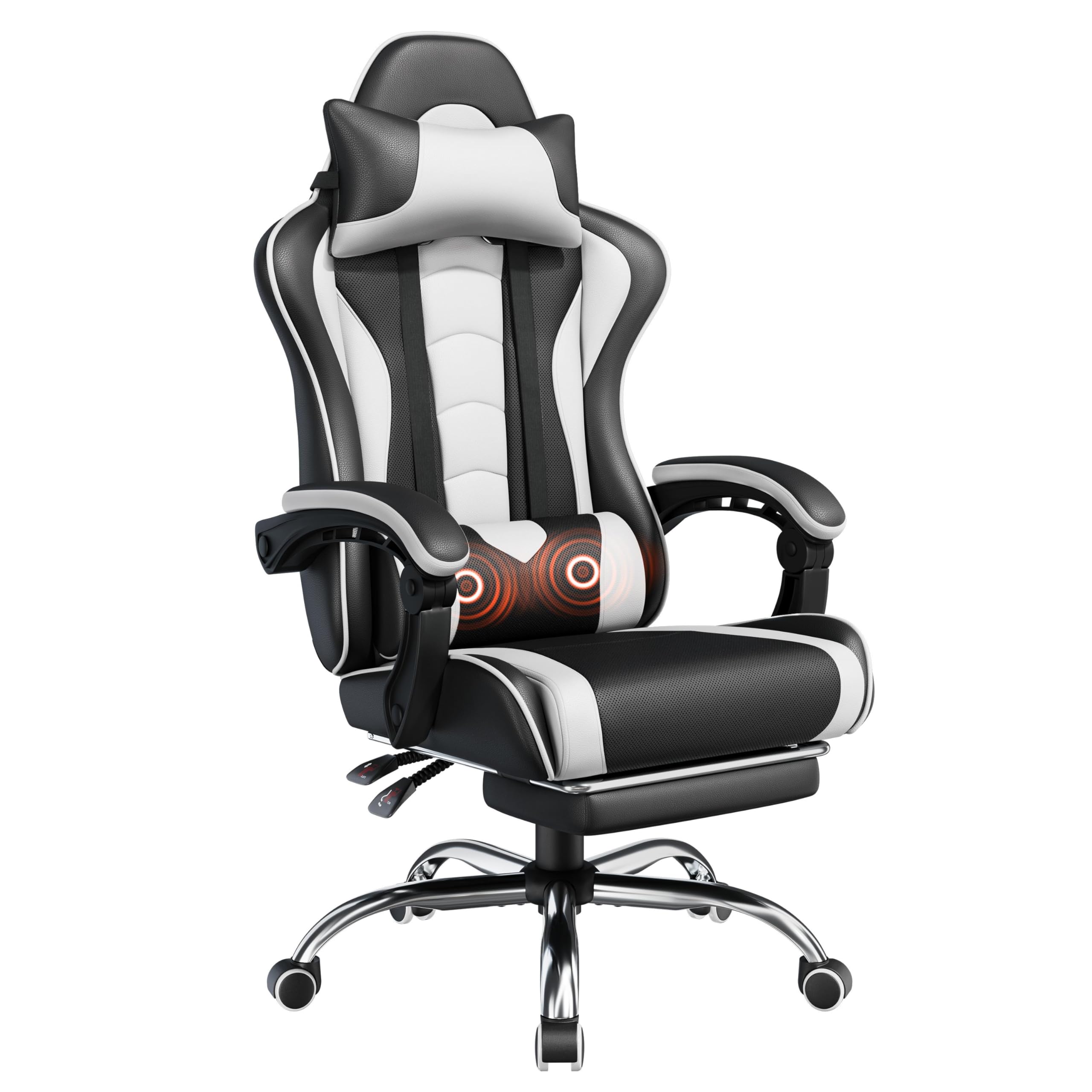 Yaheetech Gaming Chair, Video Game Chair with Massage Lumbar Support and Footrest Height Adjustable Ergonomic Computer Gaming Chair with Swivel Seat and Headrest, Black/WhiteYaheetech Gaming Chair, Video Game Chair with Ma…