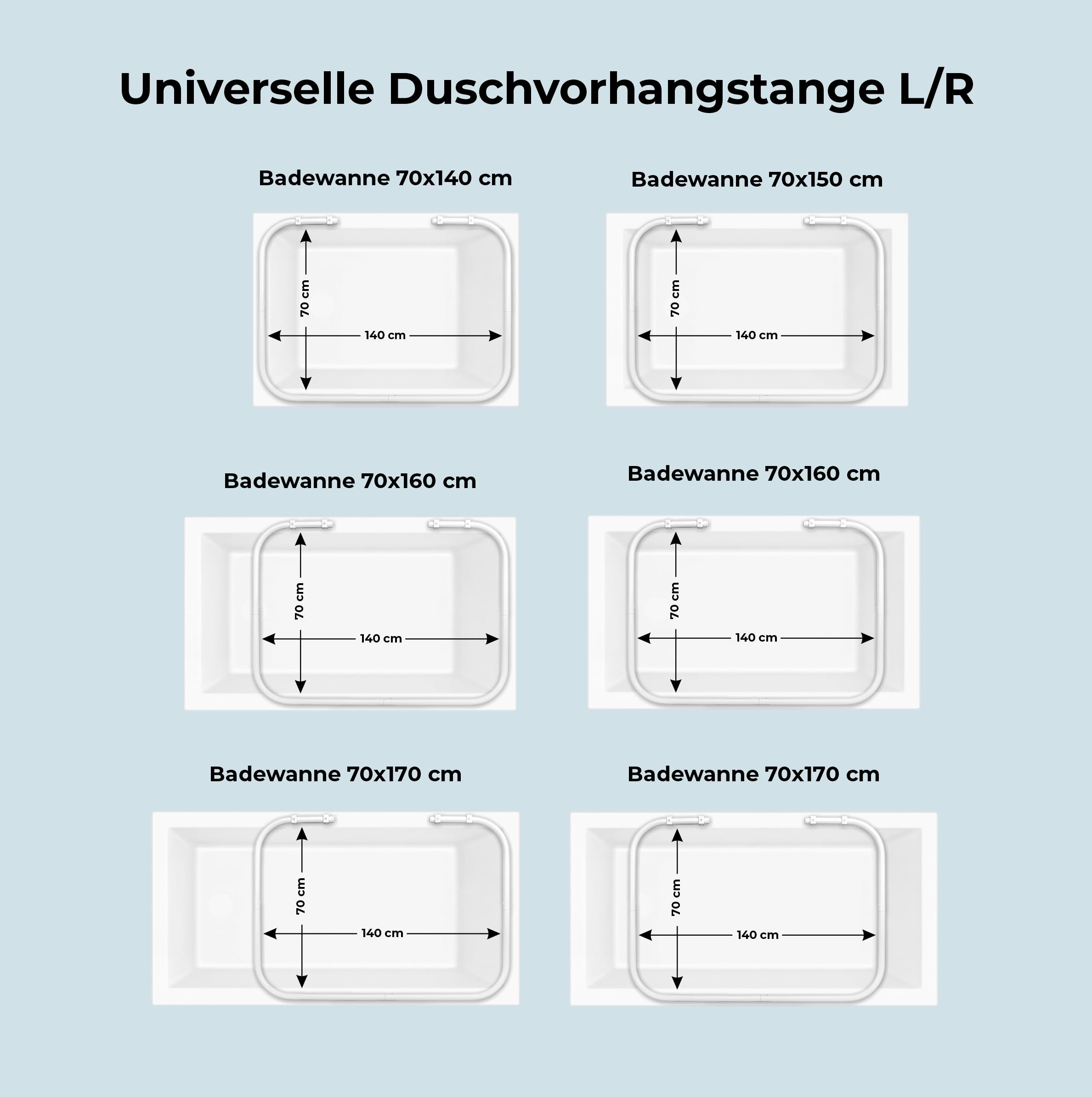 Sasko Duschvorhangstange Duschstange Ecke U-Form Duschvorhang Weiß - 200 Größen hergestellt in Polen -Aluminium Stabile für Vorhang für Badewanne & Dusche 70x140x70 cm - Ohne Deckenhalterung