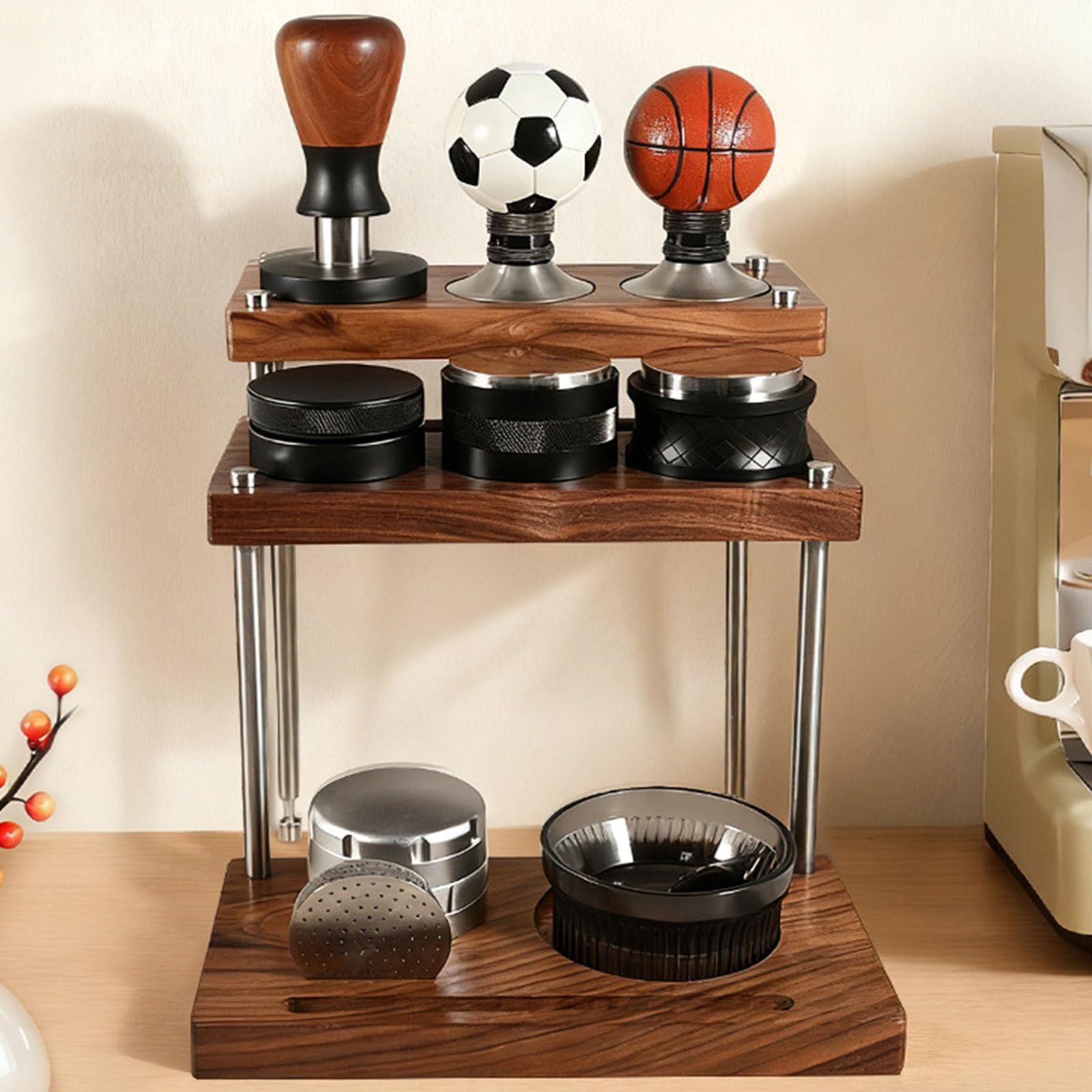 Espresso Tamper aus Holz, handgefertigtes Aufbewahrungsregal, Holz Aufbewahrungseinheit für Kaffeezubehör und Werkzeuge, Kaffee Tamper
