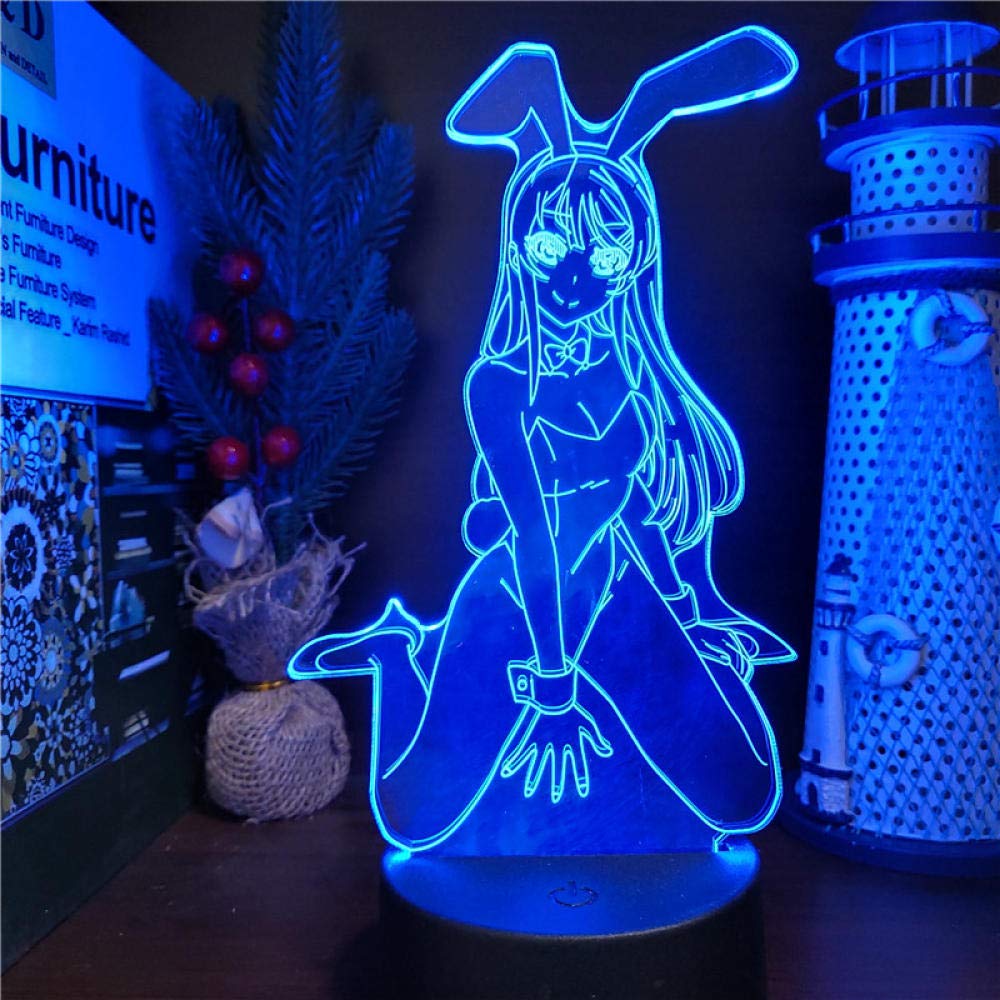 Bunny Girl Senpai Anime Light LAMP MAI SAKURAJIMA Pose 3D Illusion Led Nightlights Color Changing Lampara for Birthday Gift-Black Base Remote