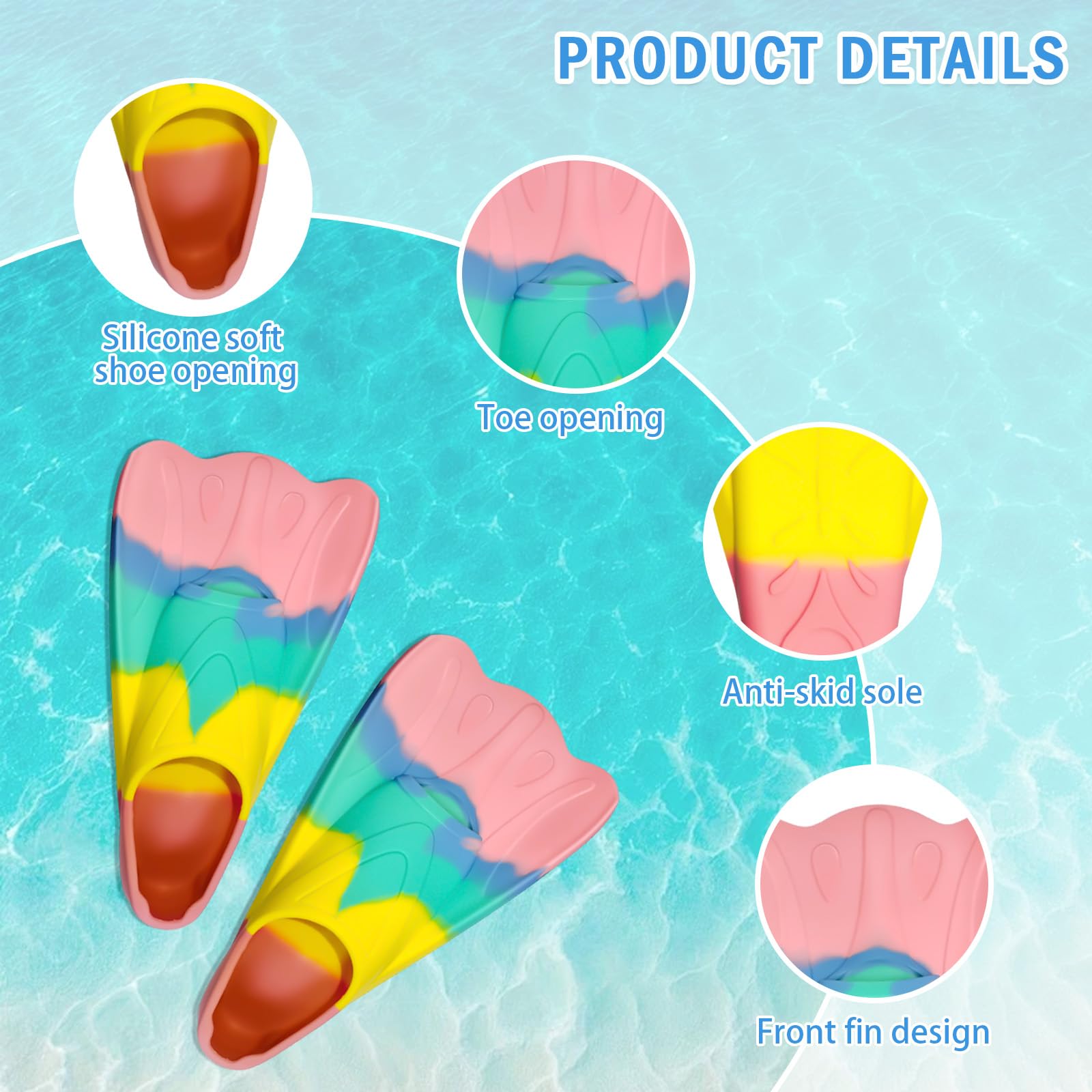 Pinne da nuoto, pinne corte per bambini, 100% silicone, per bambini e adulti, allenamento in acqua aperta, snorkeling