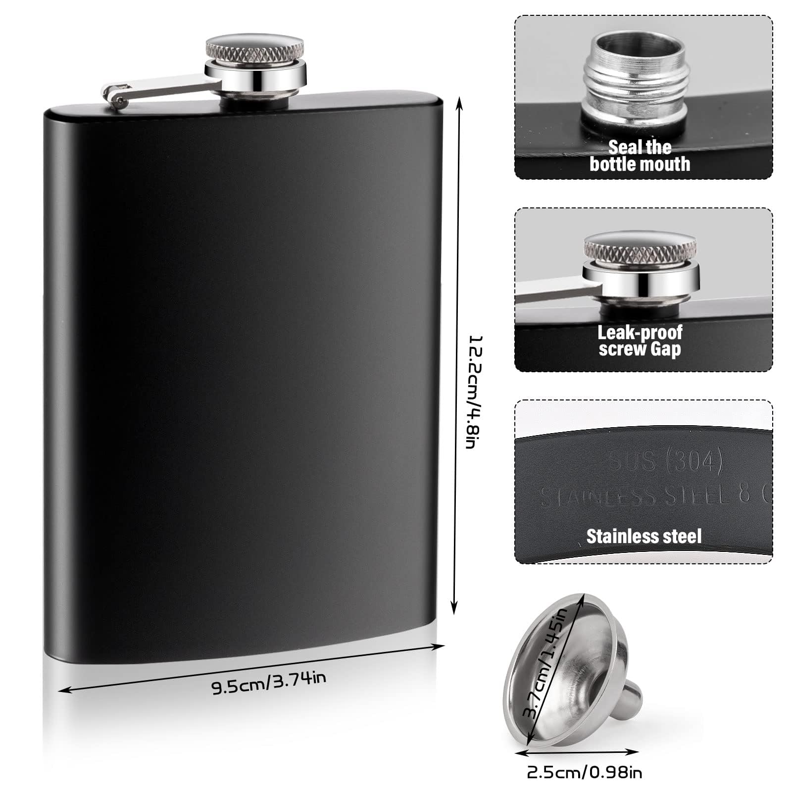 12 Pack 8 Oz Hip Flask for Liquor Matte Black Stainless Steel Leakproof with 12 Funnel for Gift, Fishing, Camping, Hunting, Hiking, Wedding Party, Traveling (Black) - Image 2
