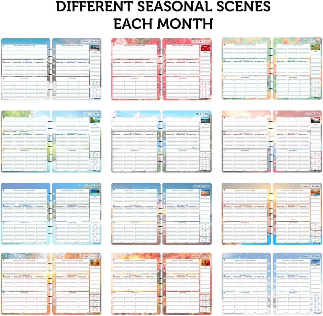 Planner Pad 7 Hole Loose Leaf July 2026 – June 2027 / Academic Year 6 3/4" x 8 1/2" 3-Tier Funnel Down 12 Month Medium Size Organizer, Seasonal Color Ink