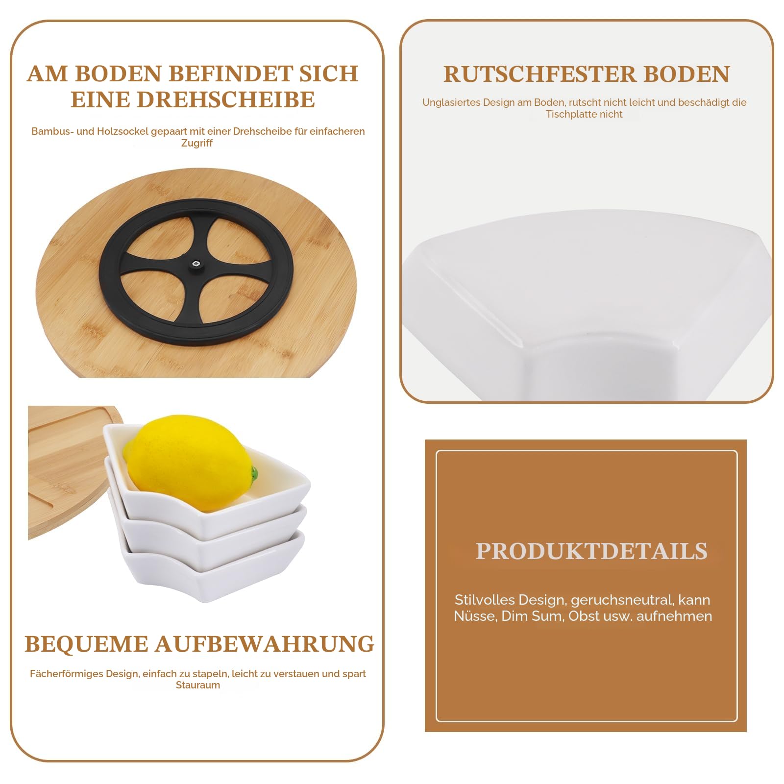 Drehbares Dip-Set,Lazy Susan Dip Set,Snackteller,Keramik Serviertablett mit Bambusplatte,geteilte Servierplatte mit 6 Schalen aus weißem Porzellan, für Vorspeisen, Obst,Süßigkeiten