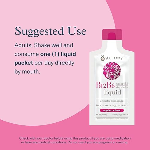 Miniatura 6 de Youtheory Vitamina B12 B6, suplemento de energía diaria y apoyo cerebral, sabor a frambuesa líquida, paquetes de 12  1 onza de una sola porción