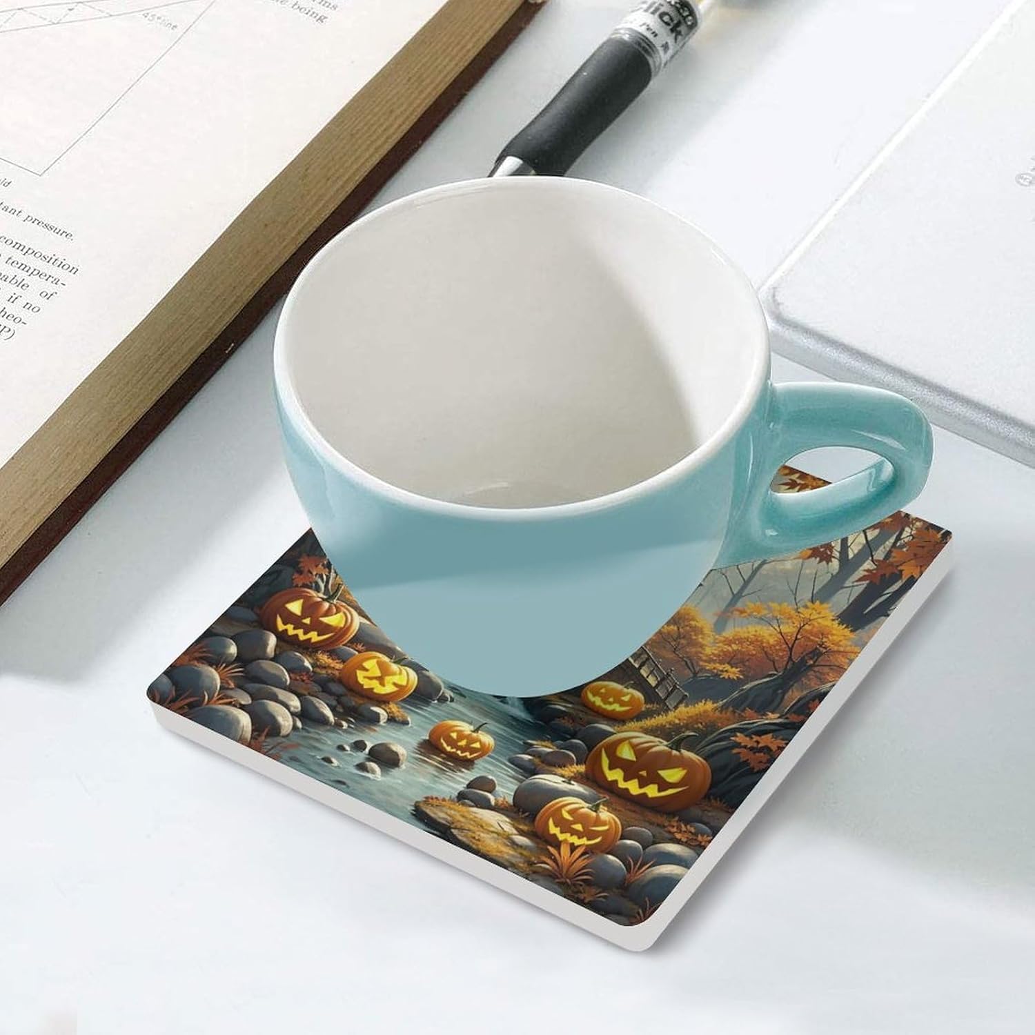 Pumpkin Lantern Ancient Bridge Coasters Absorbent Ceramic Coasters for Drinks Coaster with Cork Backing for Table Protection Square Drink Cup Mat Modern Style Coaster for Coffee Table