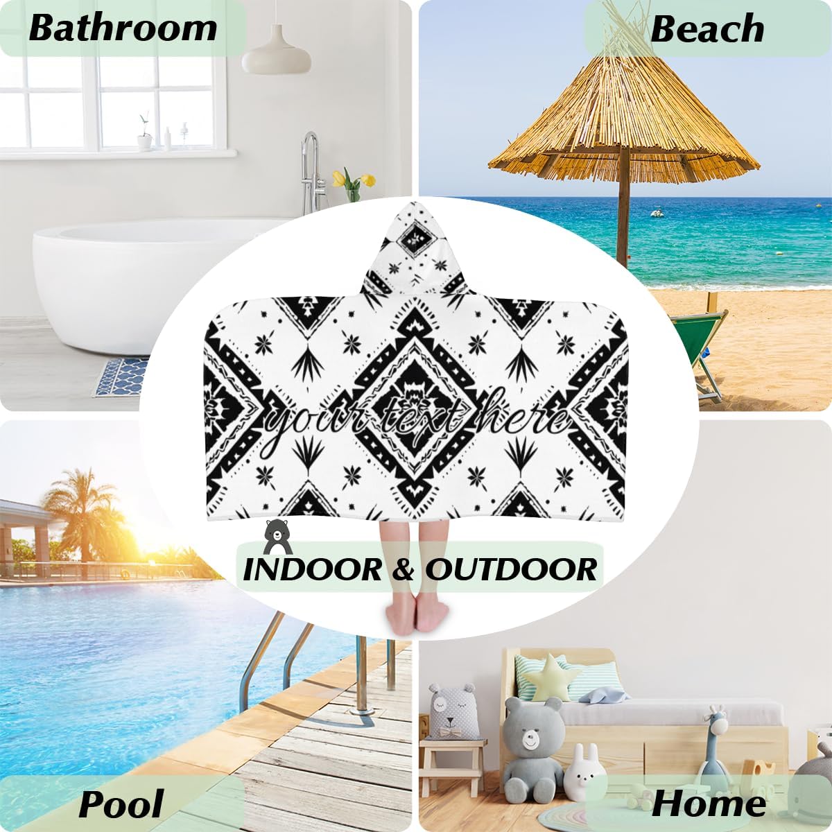 Southwest Aztec Black White Personalized Kids Beach Towel for Boys Girls, Custom Name Hooded Bath Towel Quick Dry Absorbent Beach Blanket Pool Swimming Towels