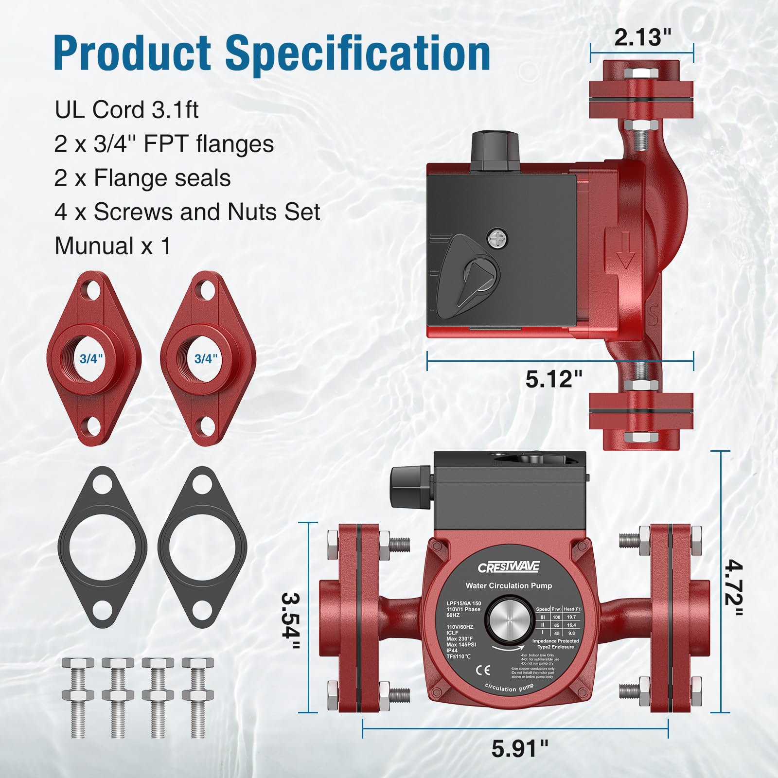 CrestWave - Pompa di circolazione da 110 V, colore rosso, 3 velocità commutabile con flange FNPT da 3/4 pollici per caldaia