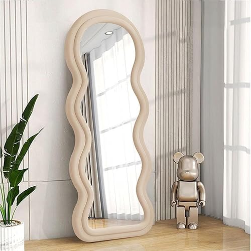 Espejo de longitud completa de 62.9 x 23.6 pulgadas, espejo ondulado irregular, espejo de suelo ondulado, espejo de pared para colgar o apoyar