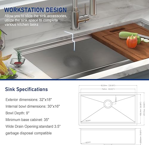 Miniatura 5 de Fregadero de cocina con estación de trabajo de montaje inferior de 32 pulgadas, acero inoxidable 304T con repisa integrada para cocina, estación de