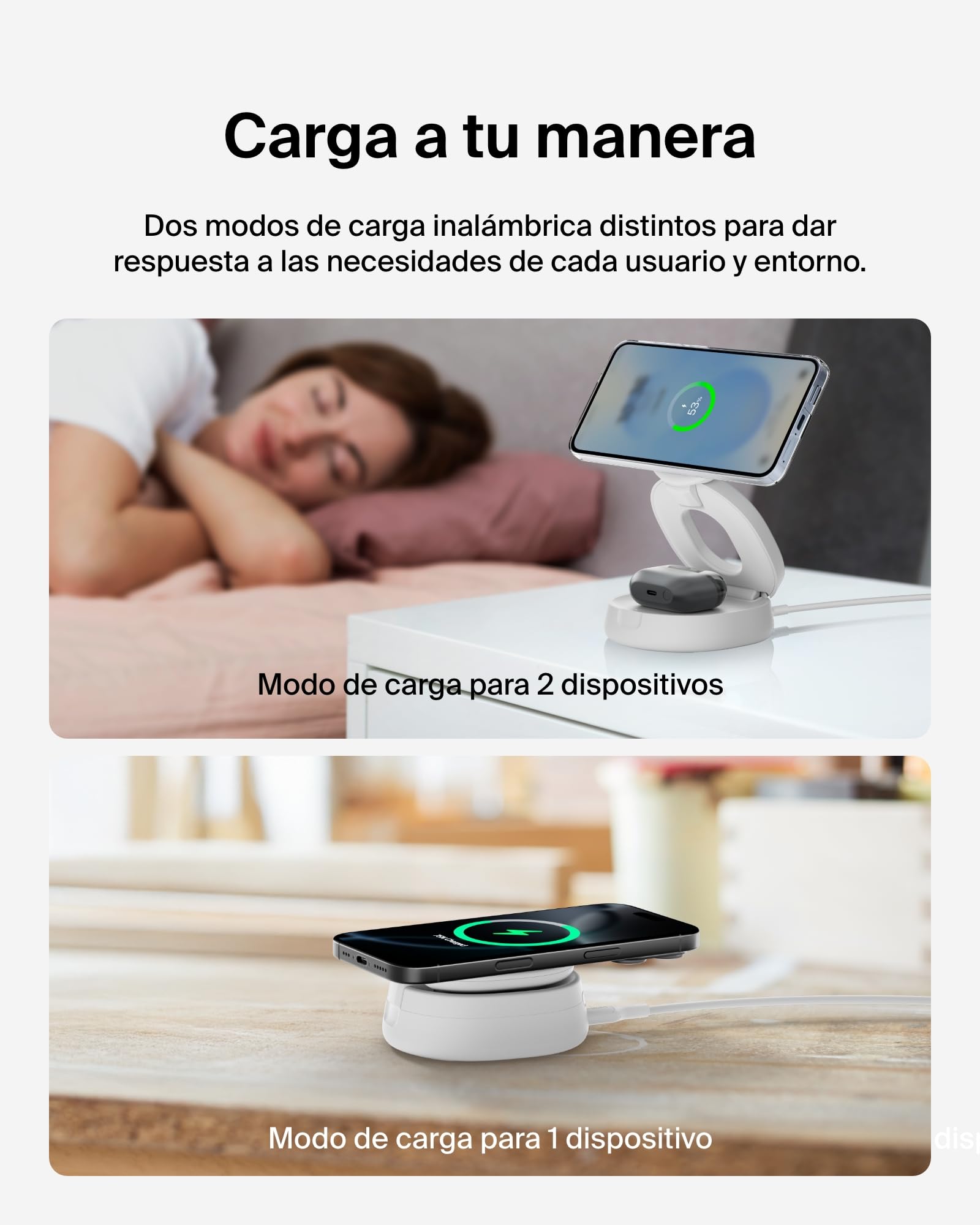 Belkin BoostCharge Cargador Inalámbrico 2 en 1, Estación de Carga Plegable 15W, Qi2 Compatible con MagSafe, iPhone 17, Air, AirPods, Pixelsnap, Fuente de alimentación de 30W - Blanco