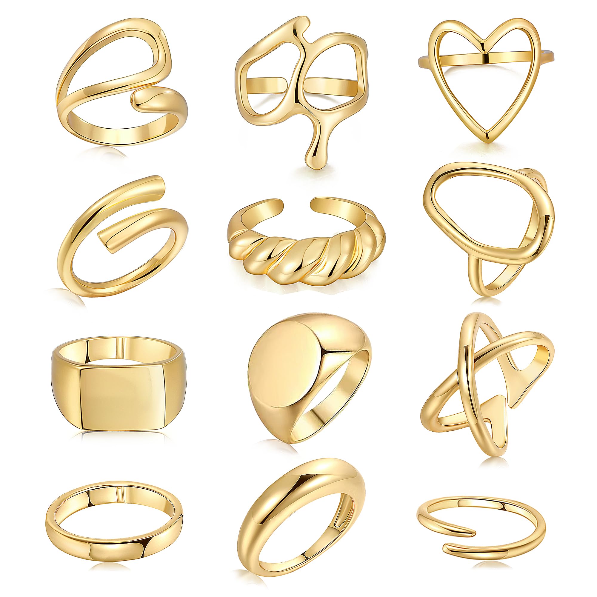 FAXHION 12PCS Gold Stackable Rings Set for Women, 18K Gold Plated Open Stacking Knuckle Ring, Adjustable Chunky Signet Band Statement Ring for Gift