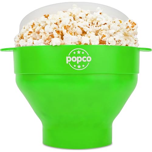 POPCO Silicone Popcorn Popper - Collapsible Microwave Popcorn Maker - Air Popper Pop Corn Bowl with Handles and Lid - Dishwasher Safe - Large 15 Cup Capacity - (Green)
