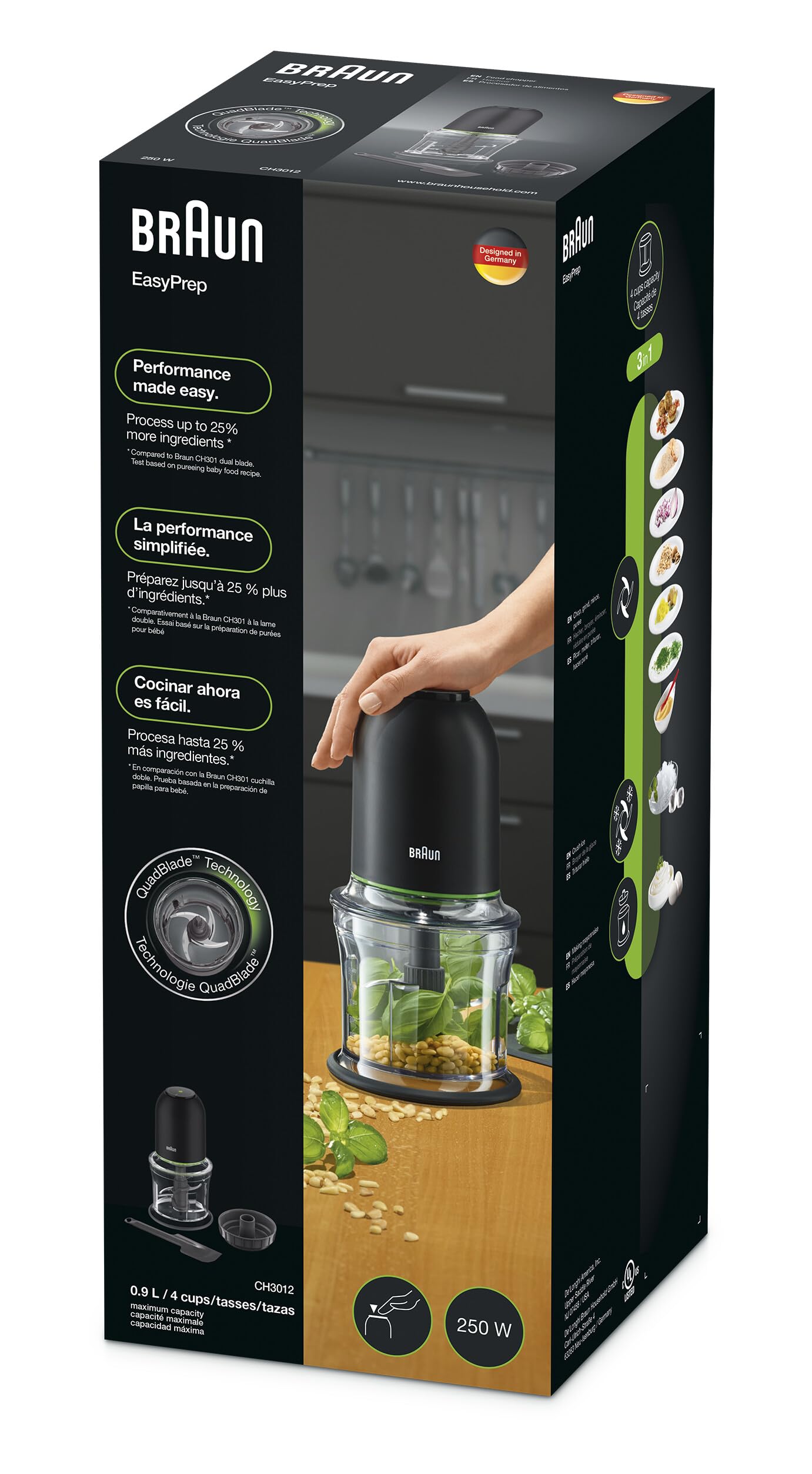 Braun MultiPractic 3 CH3011BK, Tritatutto a Quattro Lame in Acciaio Inox, Due Velocità, Funzione One Push, Tritaghiaccio, Capacità 500ml, Lavabile in Lavastoviglie, 500W, Nero