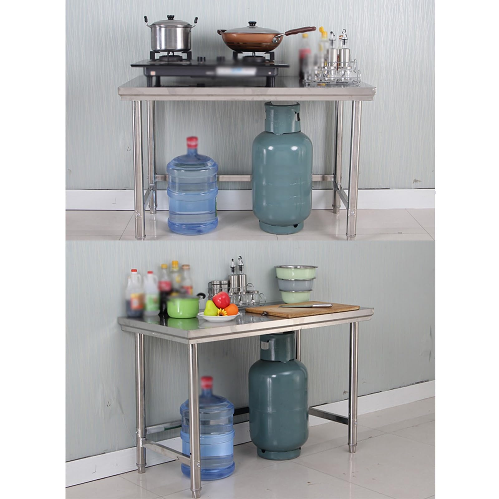 Banco de Trabajo Desmontable de Acero Inoxidable Reforzado Mesa de Preparación de Cocina con Patas Ajustables Mesa de Embalaje para Almacén con Refuerzo Triangular
