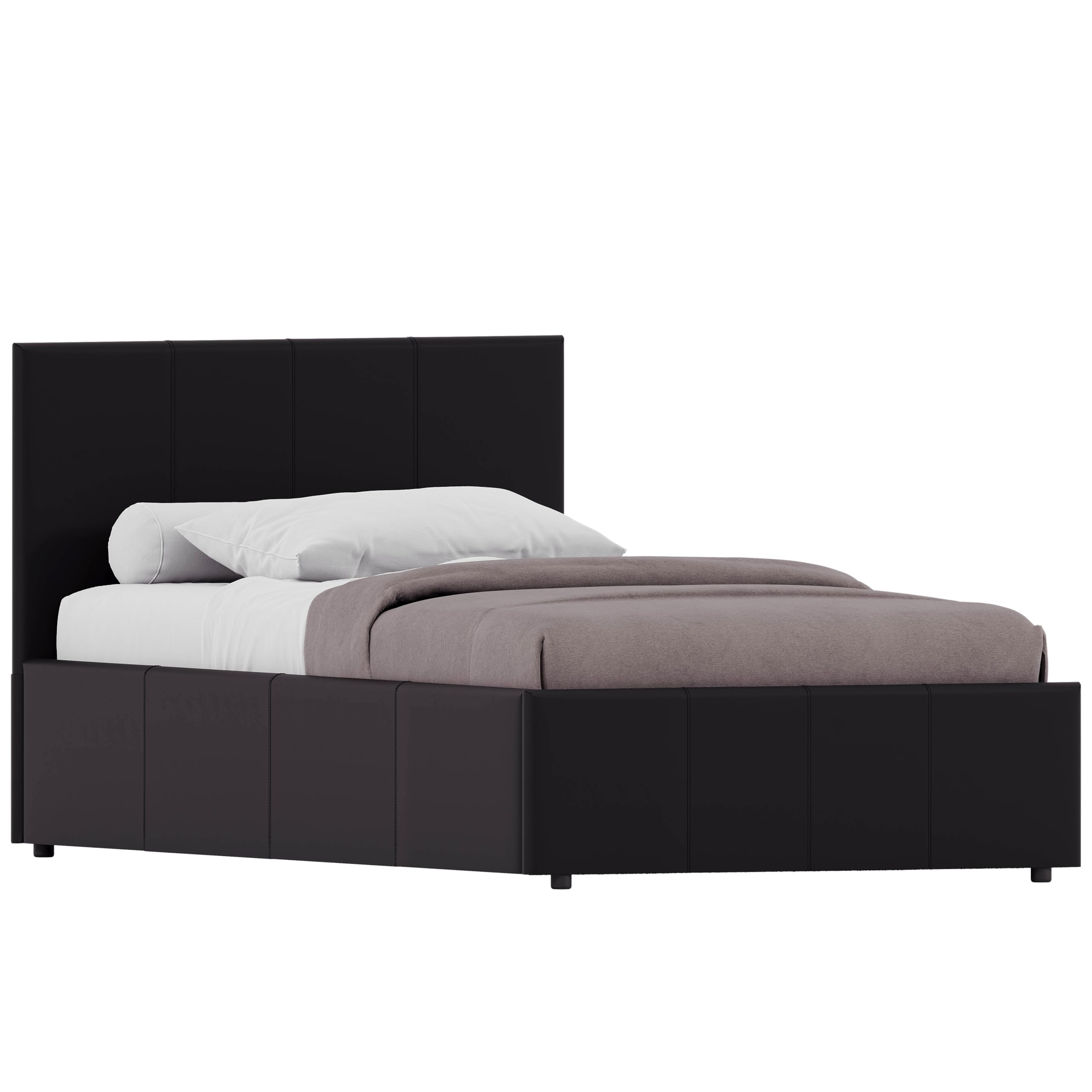 Vida Designs Lisbon Single Bed, 3Ft Ottoman Bed Frame Upholstered Faux Leather Headboard Low Foot End Bedroom Furniture, Black (UKFR Certified) โ image 1