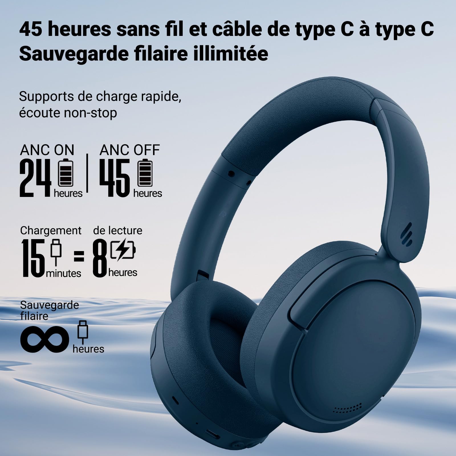 Edifier V80 Casque Bluetooth sans Fil avec ANC -44 DB, Son Haute Résolution, EQ in App, Autonomie 45h, IA Annule Bruit Appels, Charge Rapide, Pliable, Connexion Multipoint - Bleu
