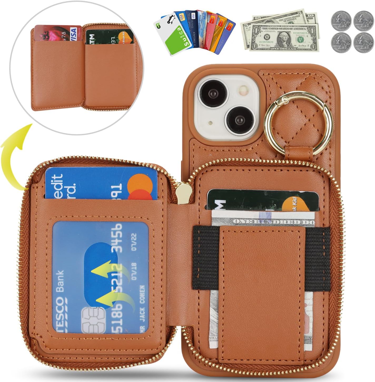 for iPhone 14 Case Wallet with Card Holder,for iPhone 14 Phone case Wallet with Zipper with Slot Kickstand Stand Case for Women and Man 5G 6.1 Inch-Brown