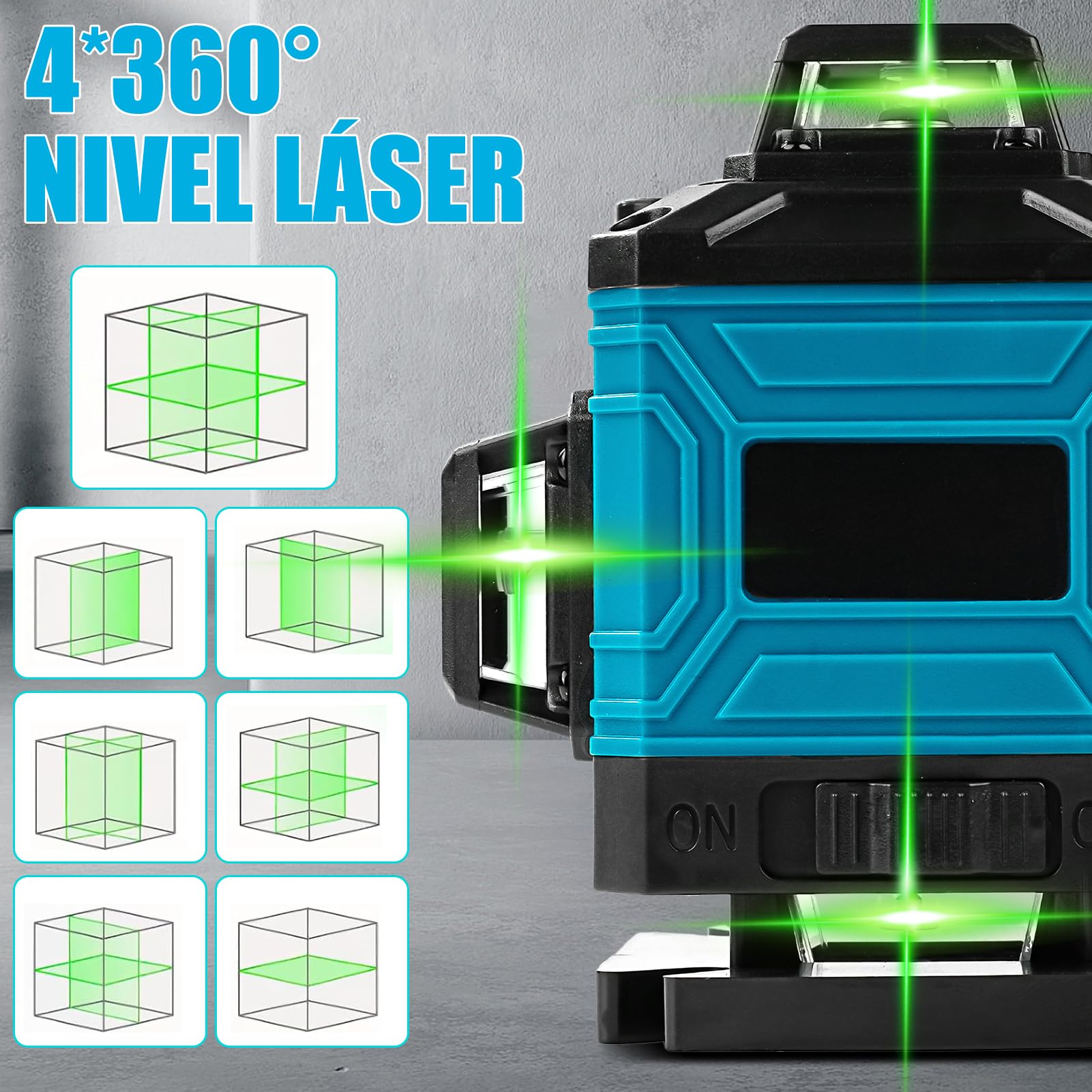 Nivel Laser Autonivelante 360 Grados, Nivel Láser Verde 16 Líneas, Láser de obra horizontal y vertical Haz con control remoto y 2 x 4800mAh Baterías para obras en interiores(azul)