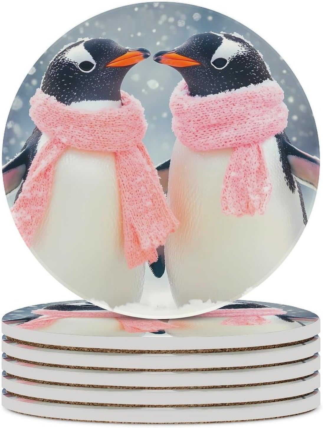 Penguins in Snows Day Round Ceramic Coasters for Drinks Absorbent Cup Holder Tabletop Protector with Cork Base