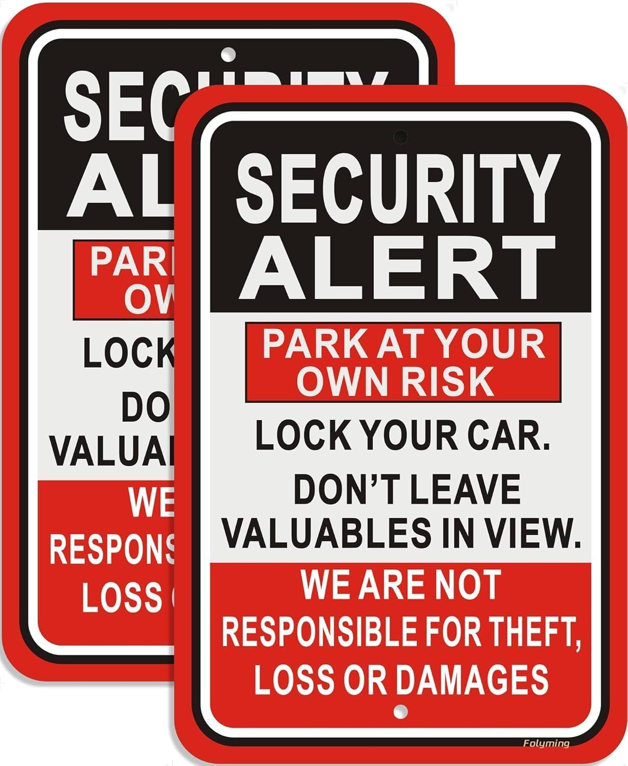 (2-Pack) Metal Tin Sign Security Alert Sign Park At Your Own Risk Lock Your Car & Don't Leave Valuables Not Responsible For Theft/Loss/Damages Signs 12x8" For Parking Lot, Business Red