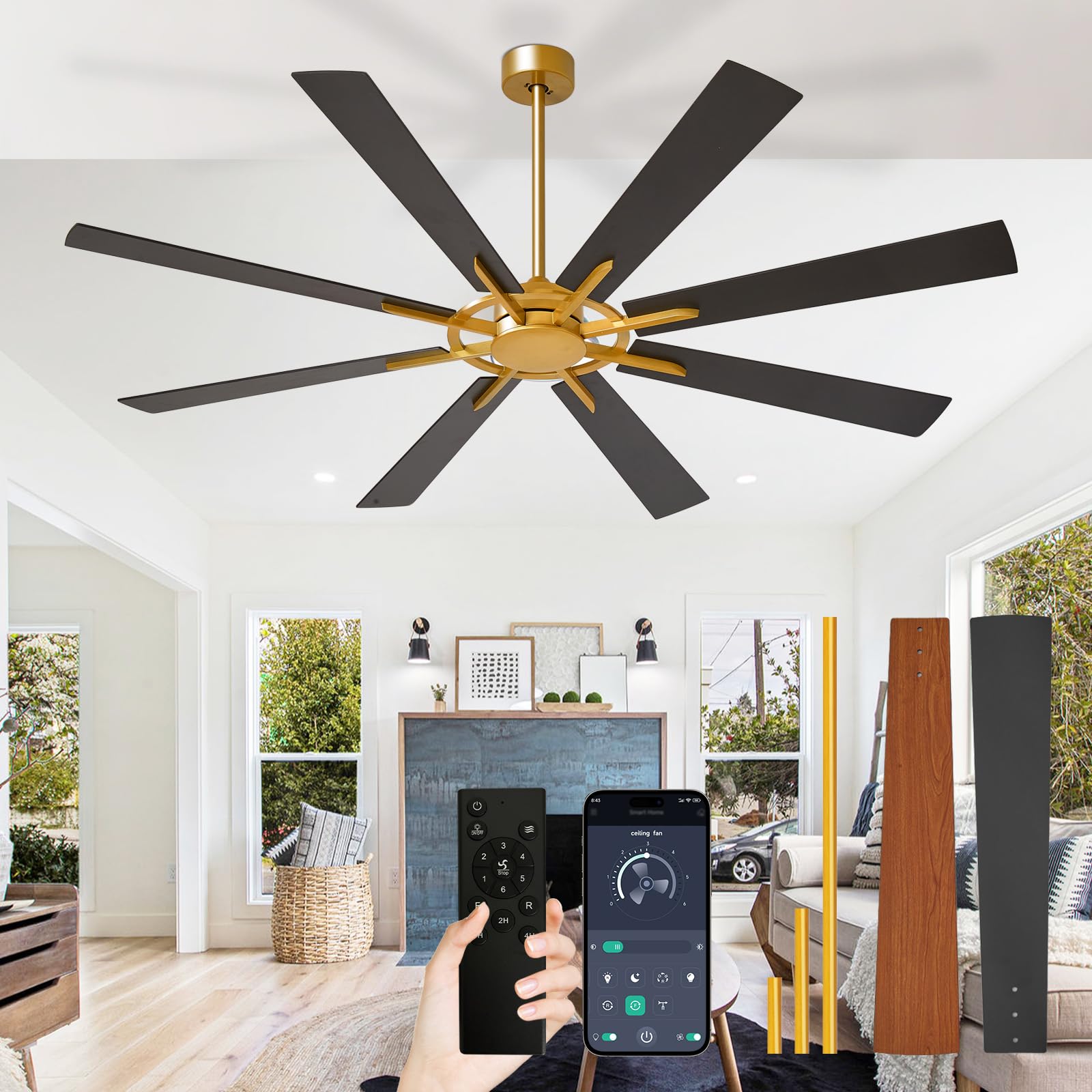Depuley Ceiling Fan Without Light: 66 Inch Big Indoor Outdoor Fan with Remote APP Control - Bronze Walnut Large Ceiling Fan no Light 8 Blade Reversible Quiet DC Motor Memory Function Timer