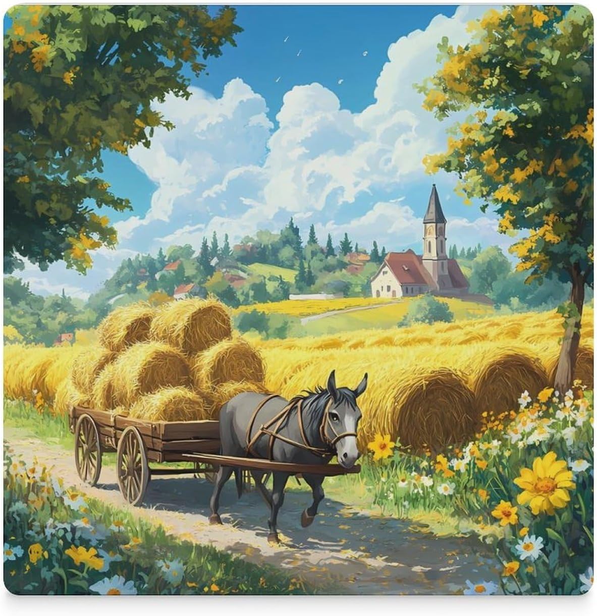 Cute Donkey with Haystack Ceramic Coasters Square Drinks Coaster Coffee Table Decor Table Coaster for Home Bar