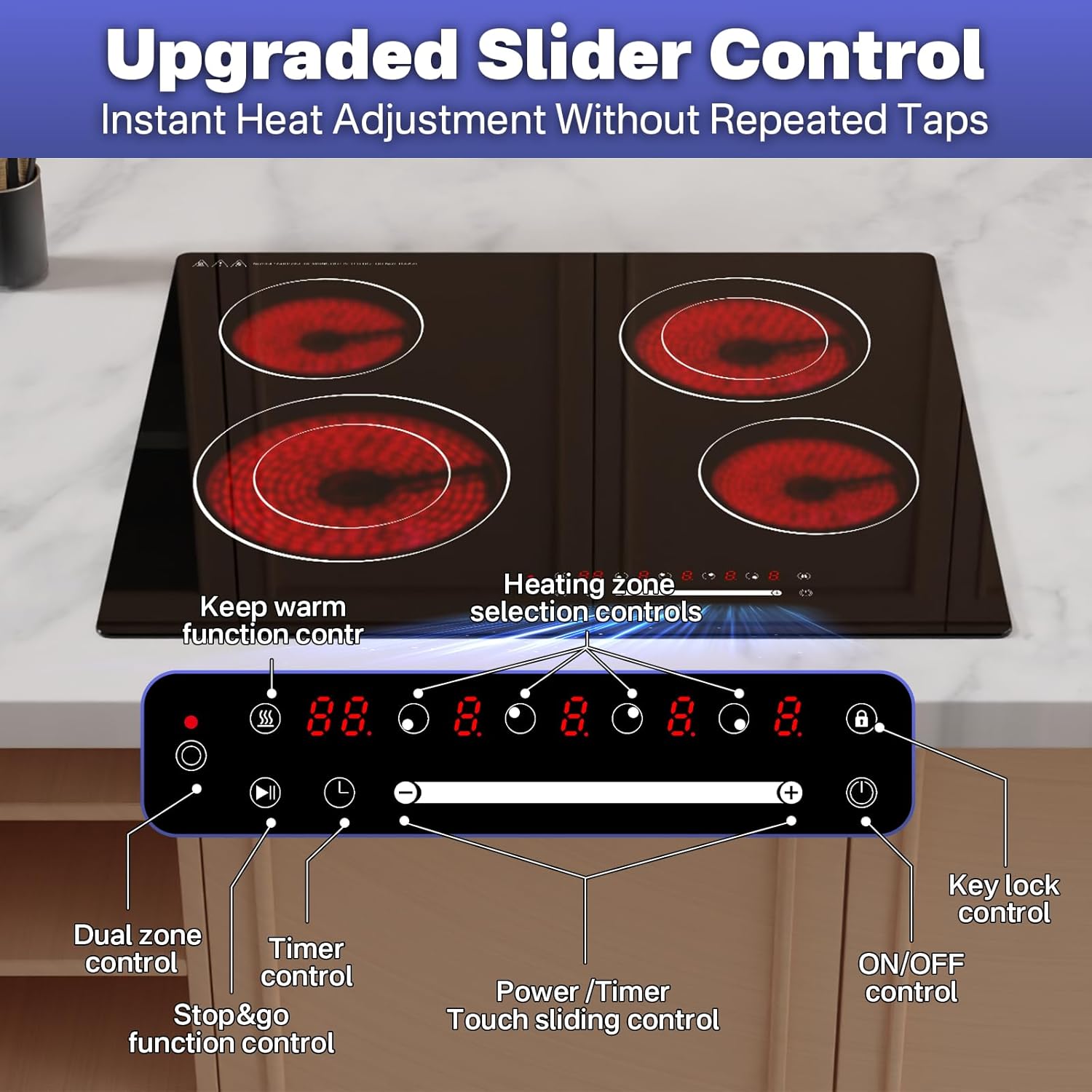 Детальний view of the GRACEALL 4-Zone Infrared Ceramic Hob's touch control panel, labeling each button and slider function.