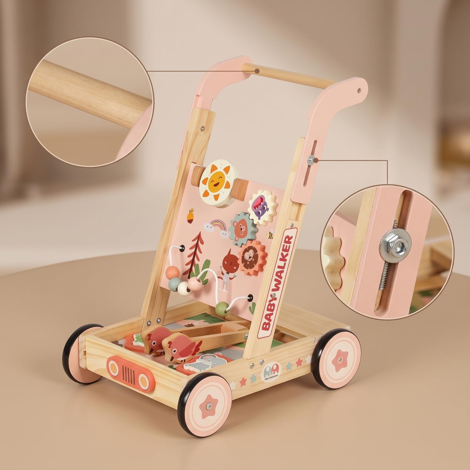 Harilla Carrello Primi Spostamenti in Legno Multifunzione Carrello Primi Spostamenti con Attività Stabile Giocattolo per Bambini Piccoli, Neonati, Asilo Nido