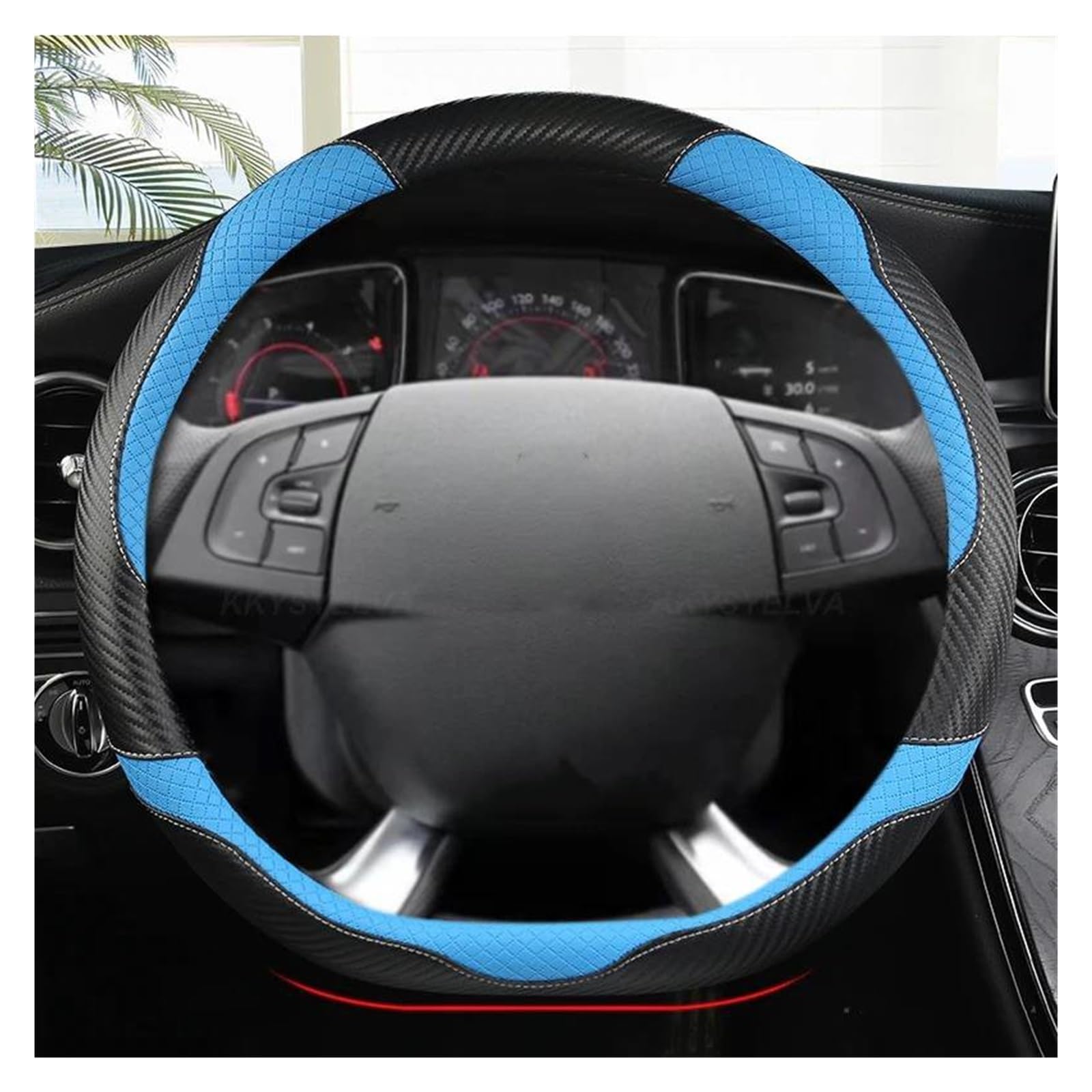Volantes Protector para Volante Coche, Fibra Carbono, Cuero, Forma D, 38cm, para Citroen DS3 DS4 DS5 DS5 DS 5LS DS6 DS7 DS9 Funda Volante(Azul)