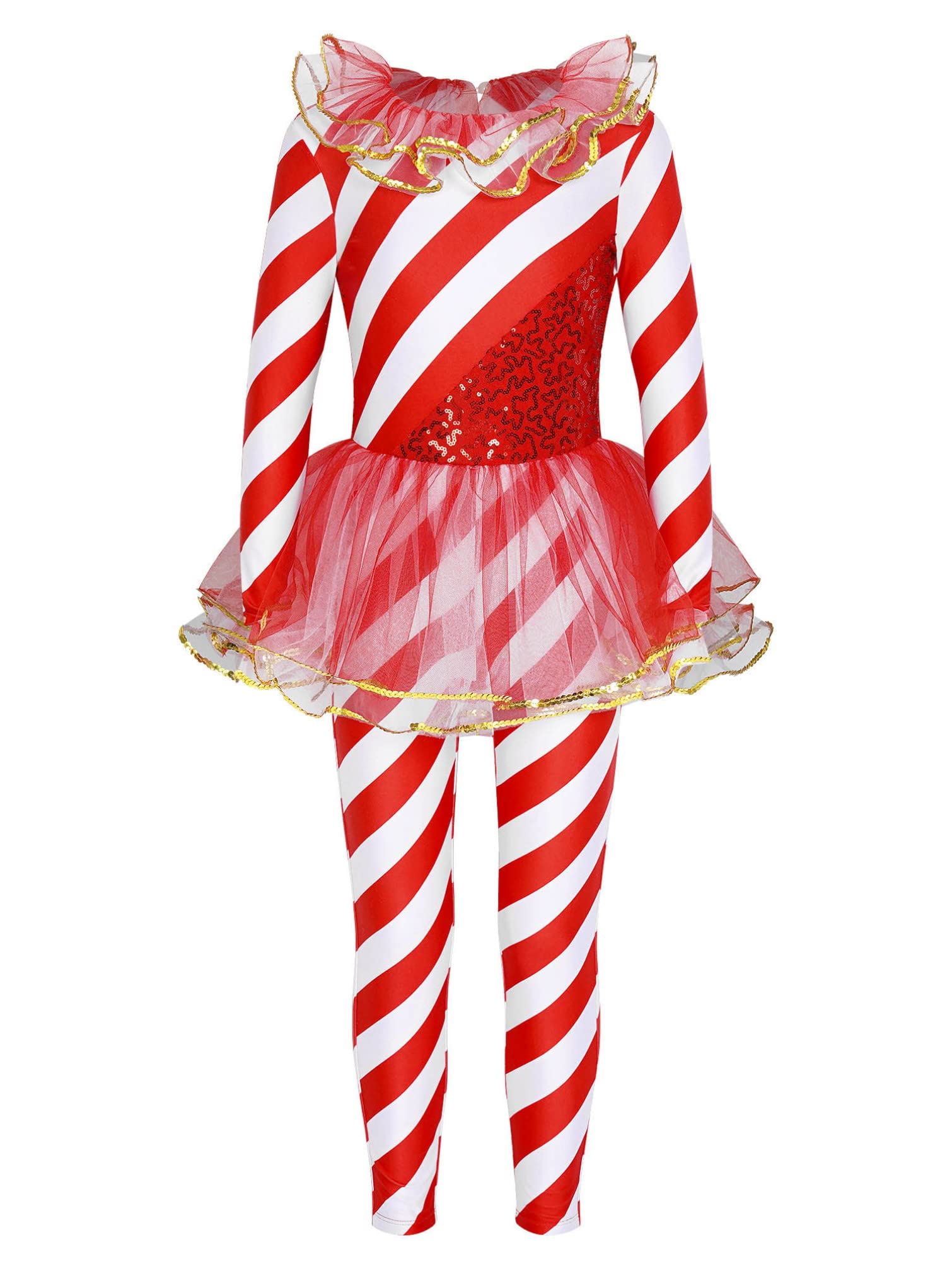 TiaoBug Mono Navideño Para Danza Ballet Gimnasia Niñas Disfraz De Bailarina Traje De Manga Larga Lentejuelas Rayas Maillot De Circo Disfraz De Papá Noel