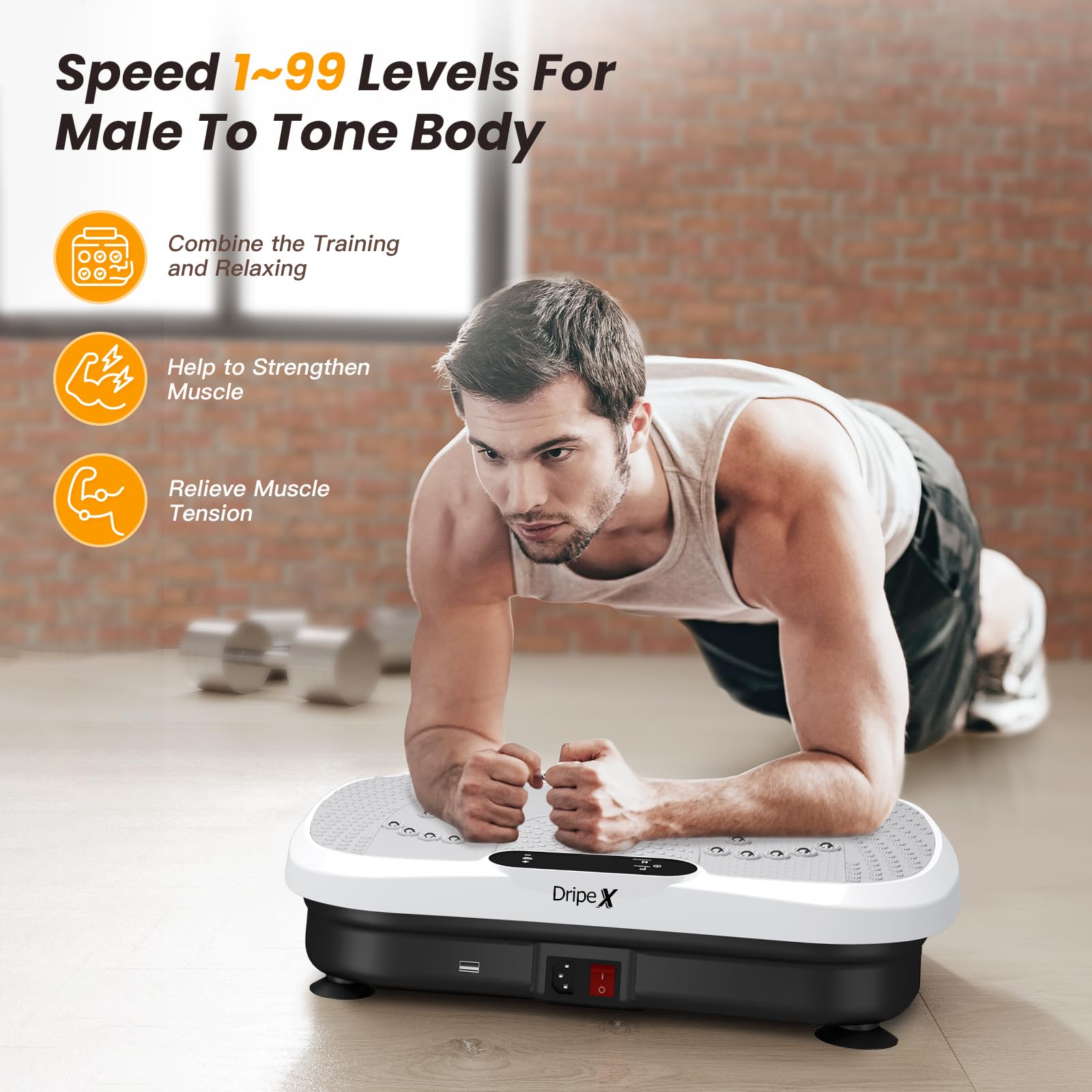 Dripex Piastra vibrante, dispositivo di allenamento 3D con 99 livelli di vibrazione, 5 programmi di allenamento, altoparlante Bluetooth, bande di allenamento