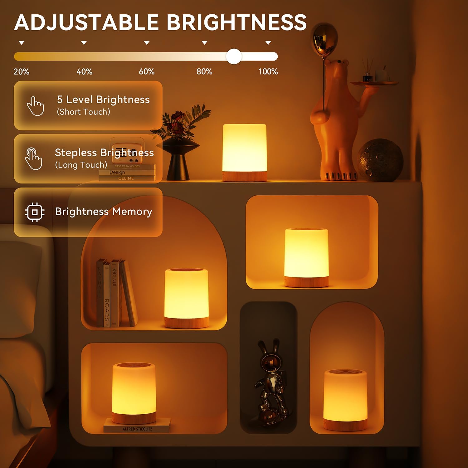 Auxmir Lampada da Comodino LED Touch, Abat Jour da Comodino Senza Fili, Colori RGB, 4 Modalità, 5 Livelli di Luminosità, Ricaricabile 3000mAh, Funzione Timer, Luce Notturna per Camera da letto Regalo